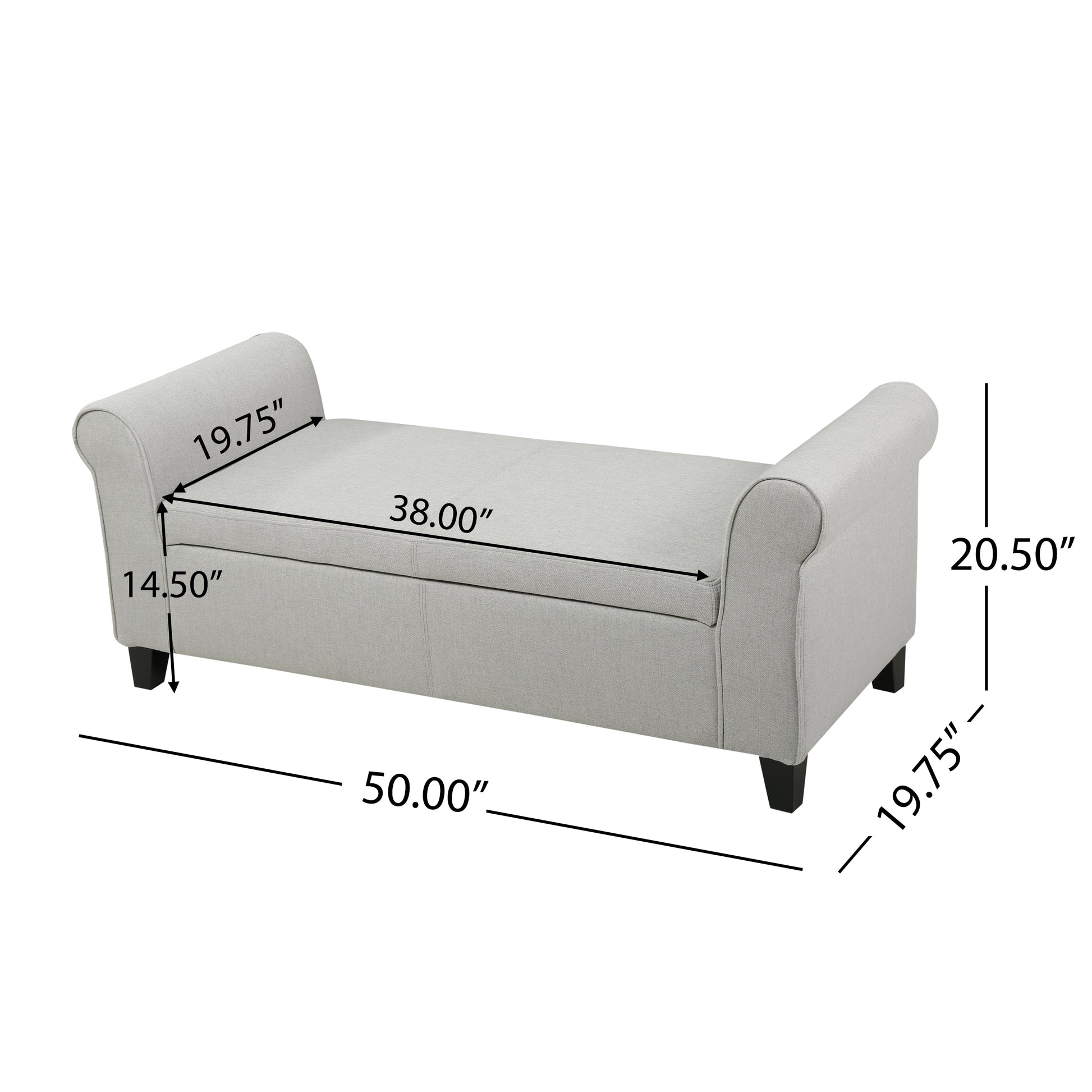 Light grey fabric storage bench with tufted seat and rolled arms