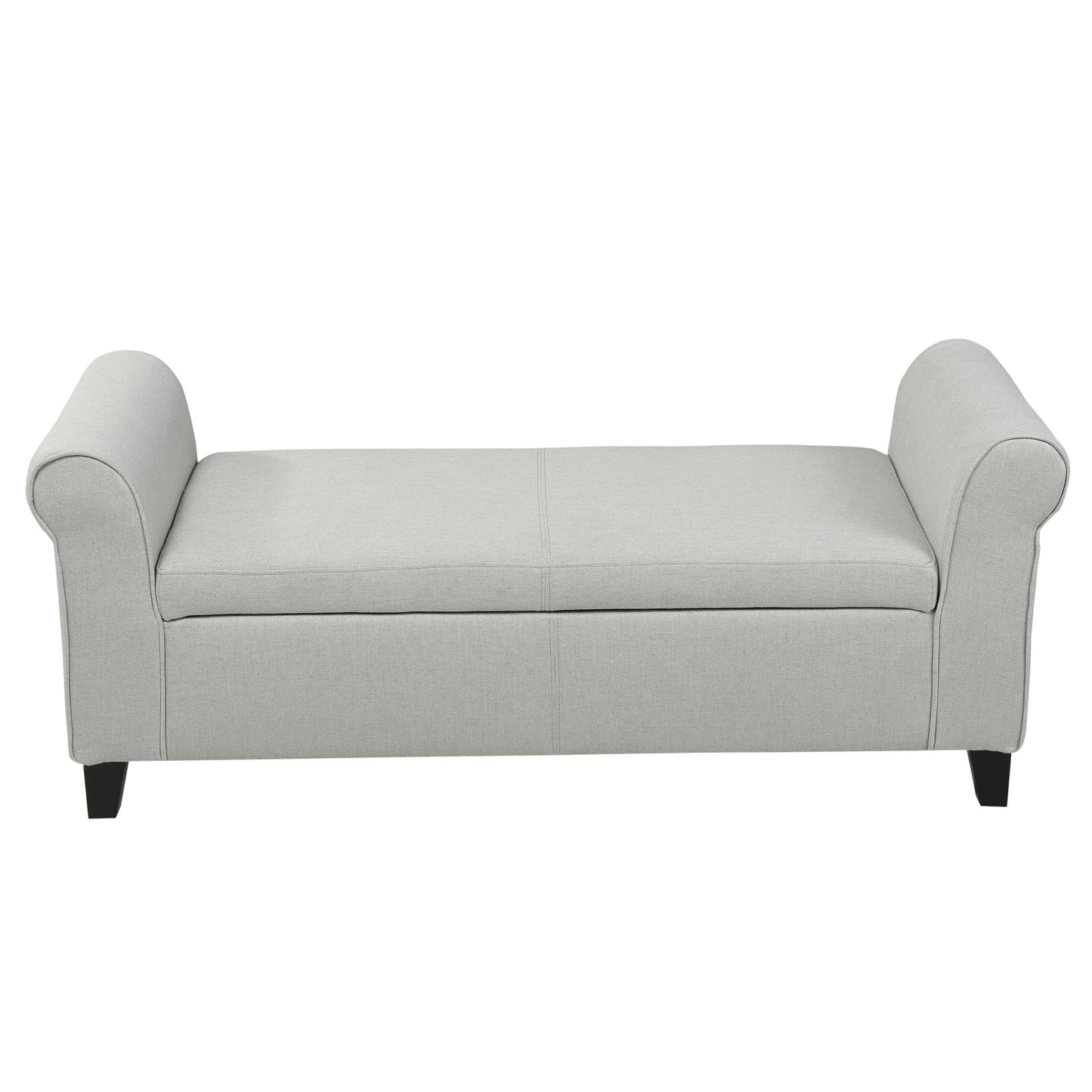Light gray fabric storage bench with rolled arms and dark wooden legs