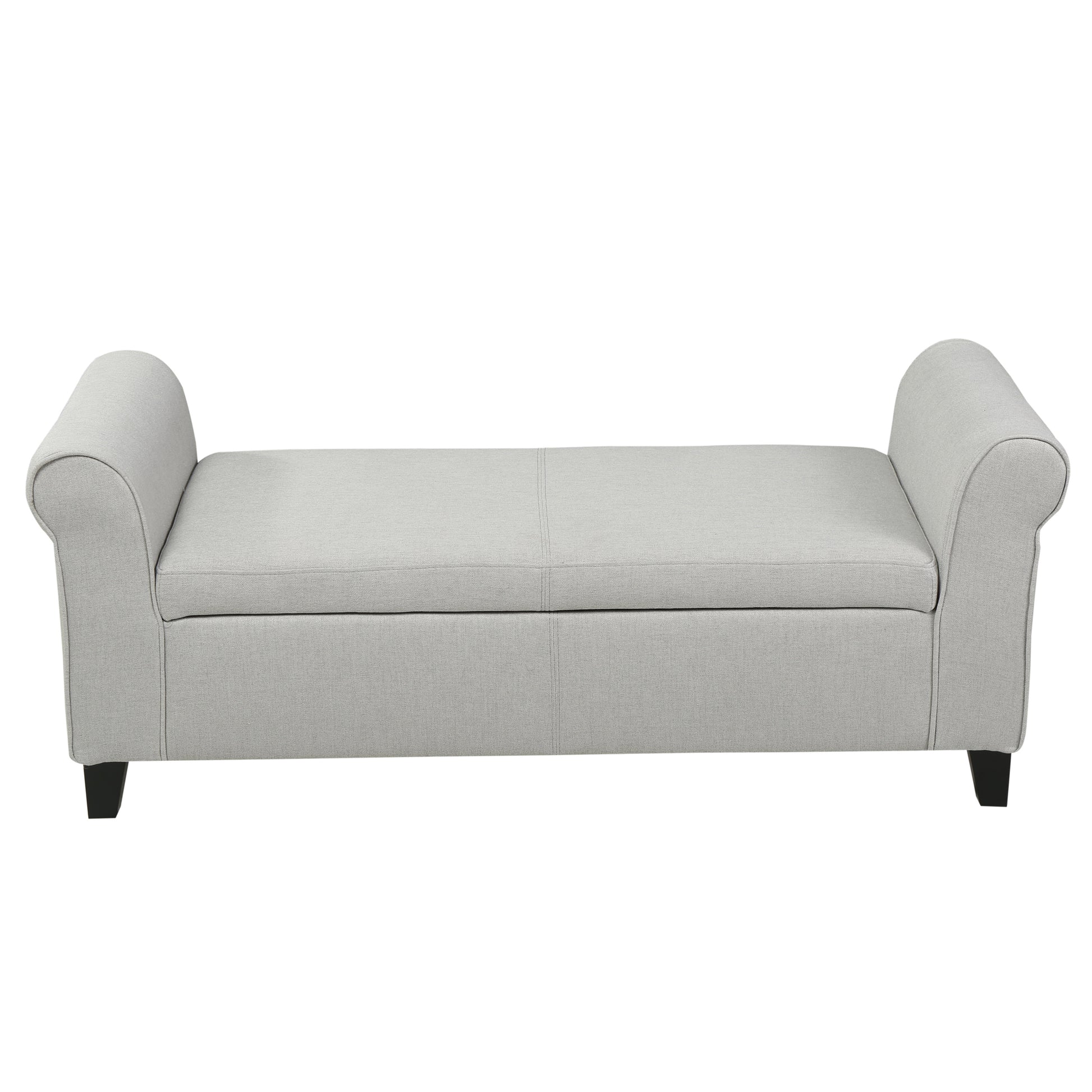 Light gray fabric storage bench with rolled arms and dark wooden legs