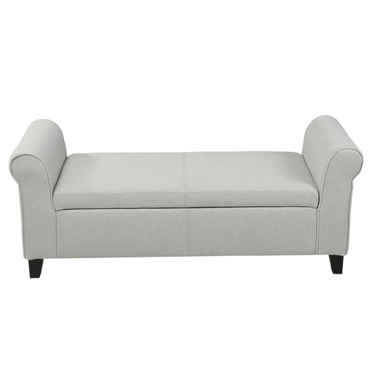 Light gray fabric storage bench with rolled arms and dark wooden legs