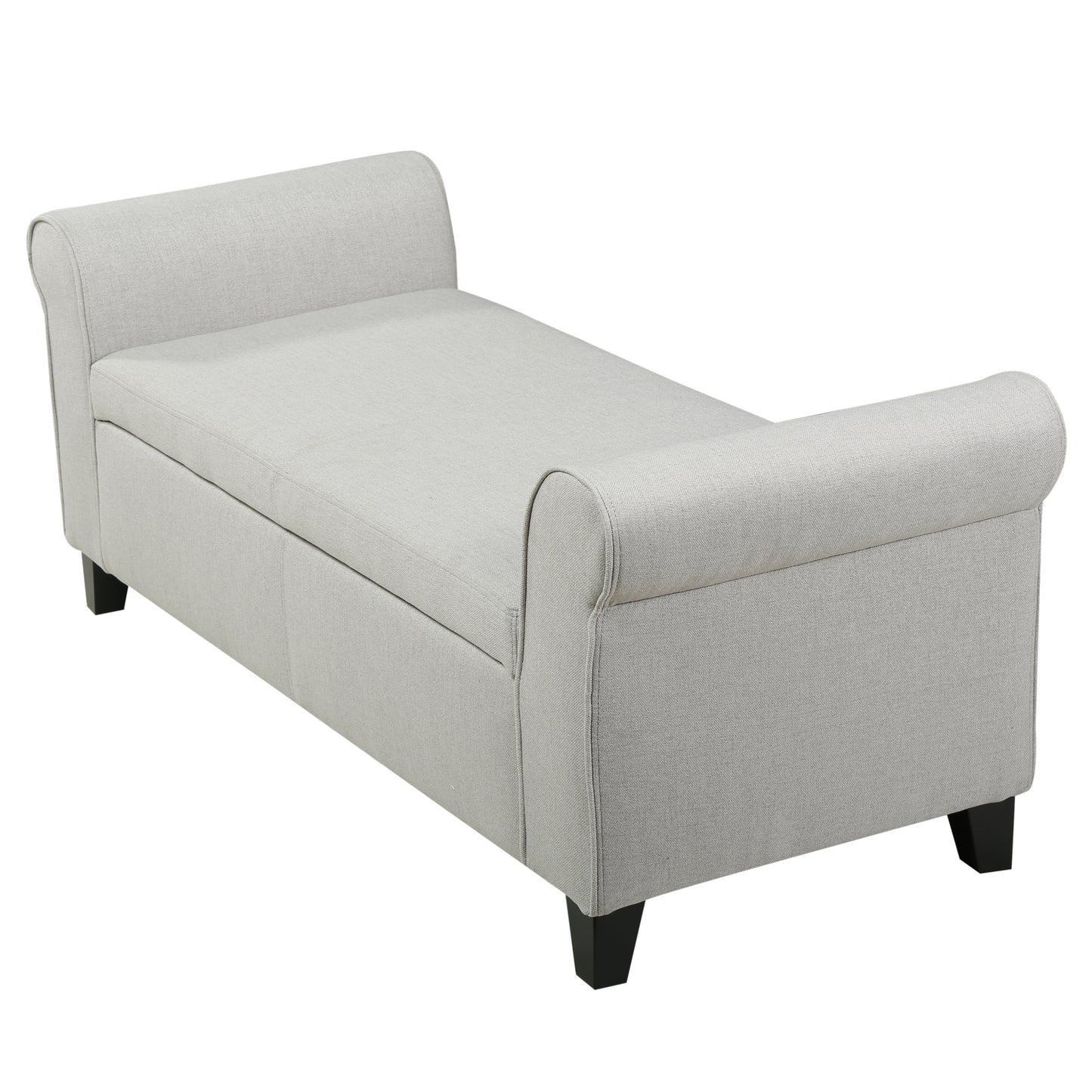 Light grey upholstered storage bench with rolled arms and black tapered legs