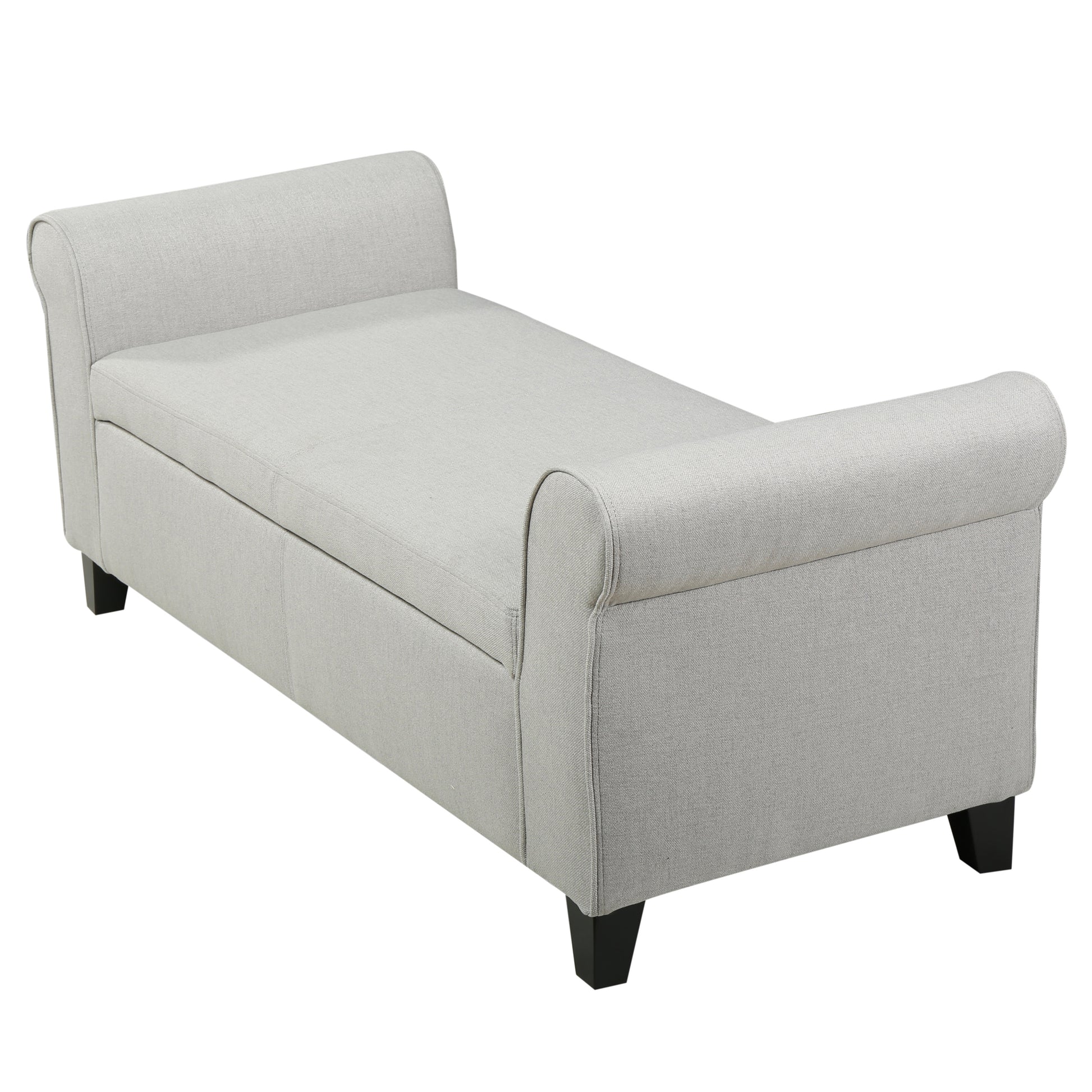 Light grey upholstered storage bench with rolled arms and black tapered legs