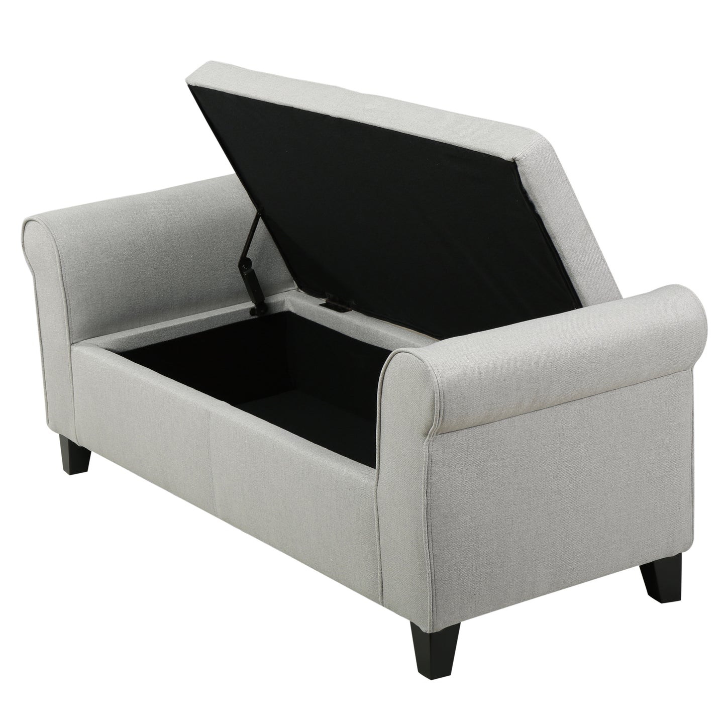 Gray fabric storage bench with lifttop lid and dark wood legs