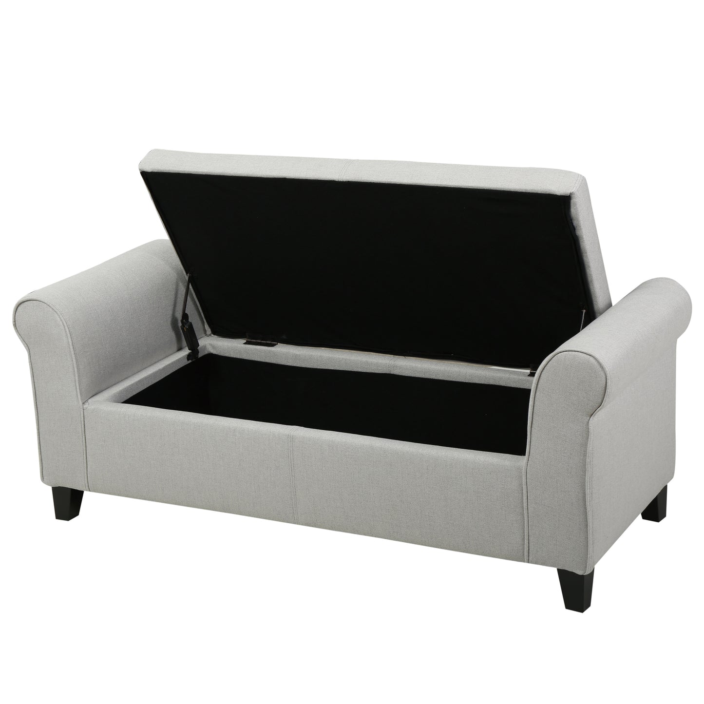 Light grey fabric storage bench with open lid revealing black interior