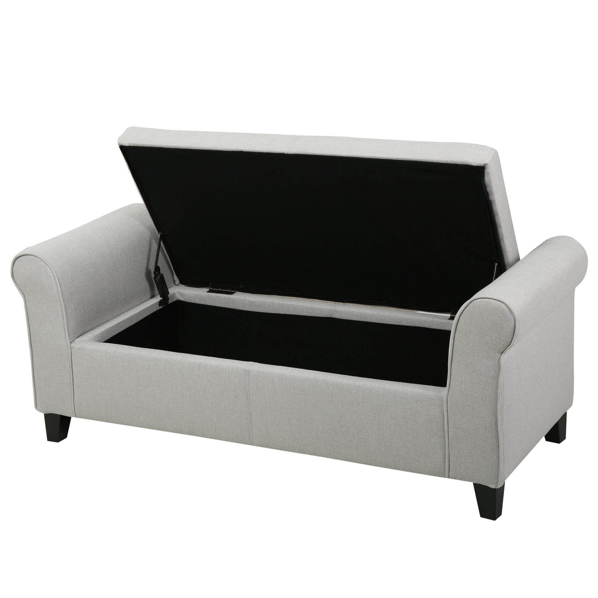 Light grey fabric storage bench with open lid revealing black interior