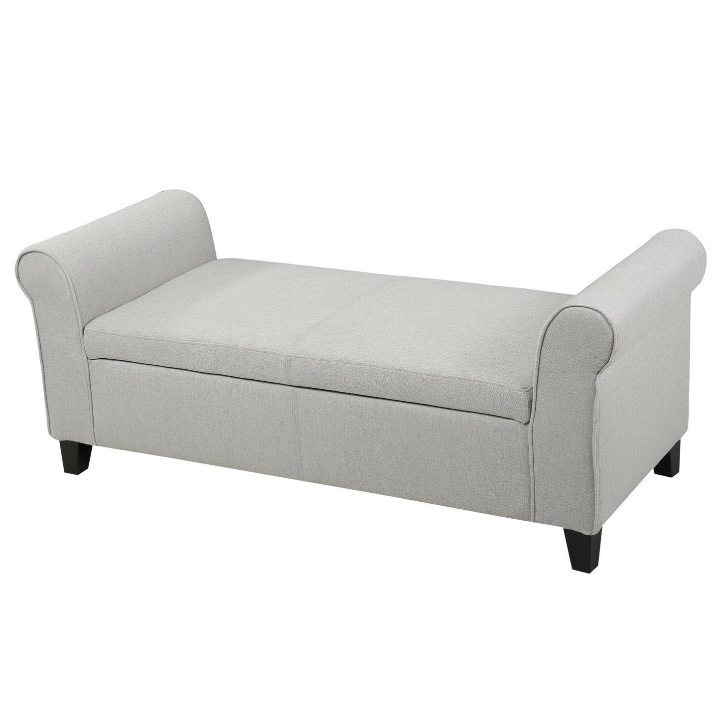 Light grey fabric storage bench with rolled arms and dark wooden legs