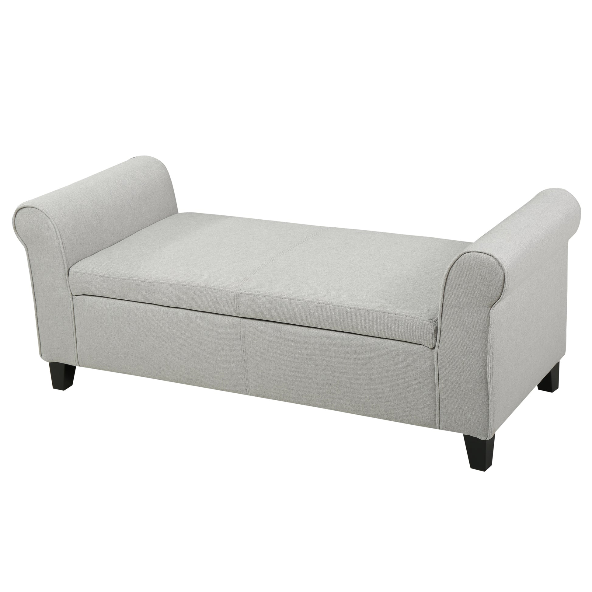 Light grey fabric storage bench with rolled arms and dark wooden legs