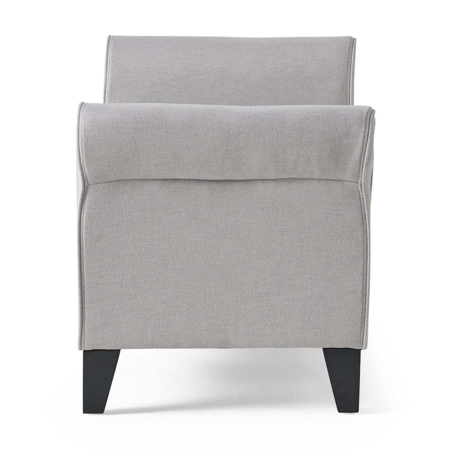 Grey upholstered bench with tapered black legs