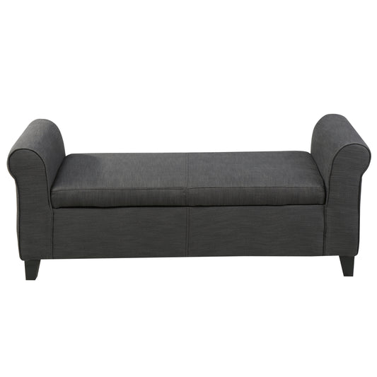 Dark gray upholstered storage bench with rolled arms and wooden legs