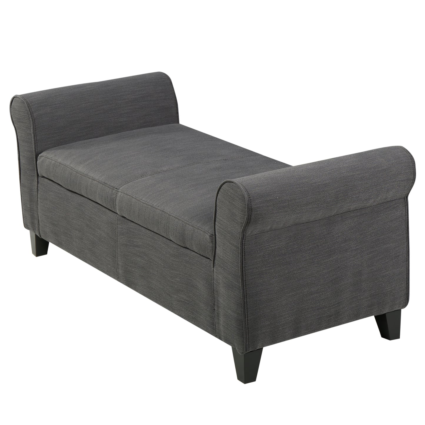 Dark gray upholstered storage bench with rolled arms