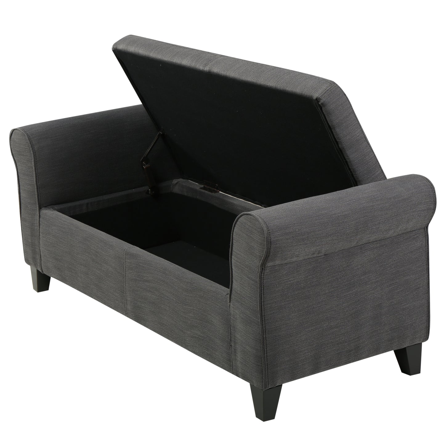 Dark gray fabric storage bench with tufted arms lid open