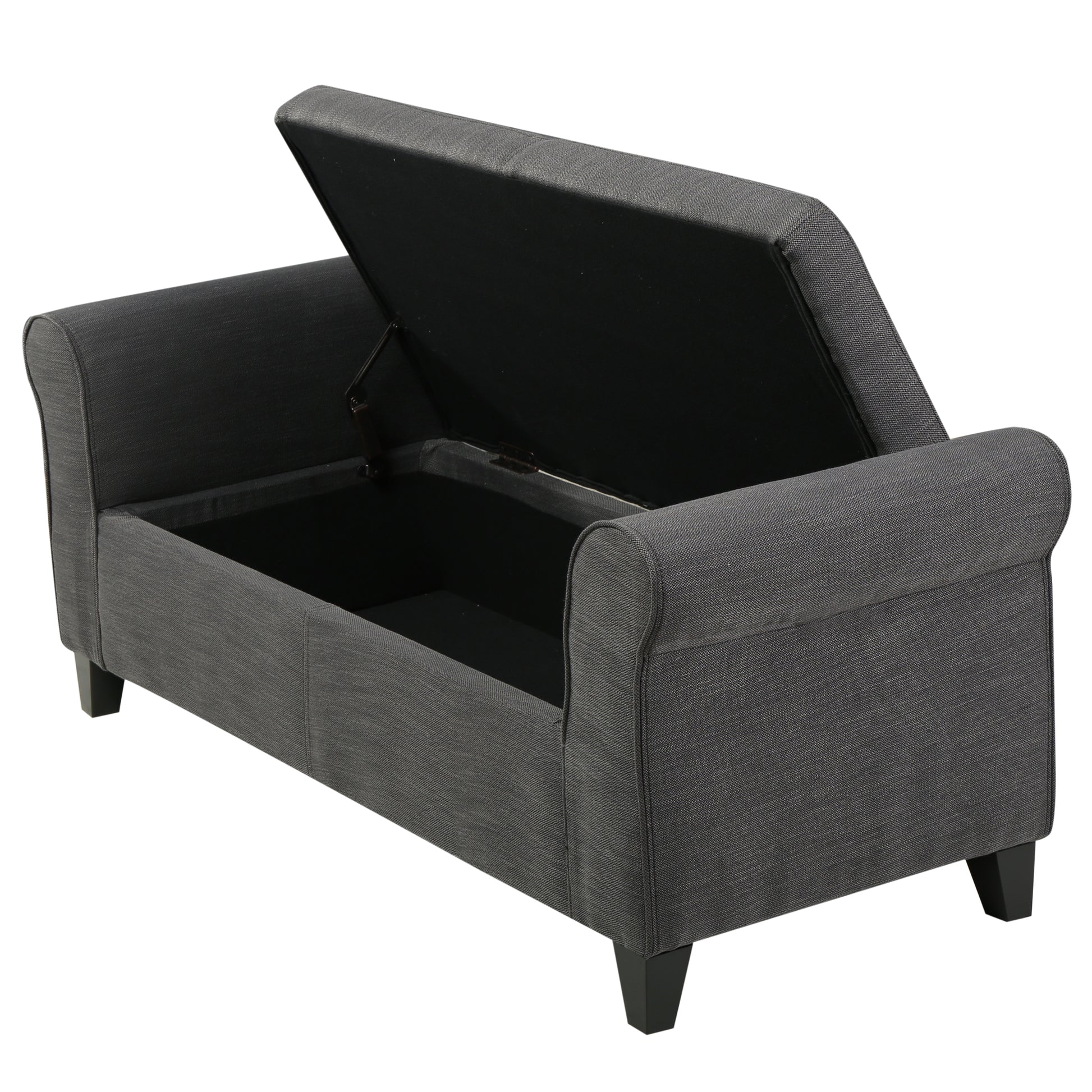 Dark gray fabric storage bench with tufted arms lid open
