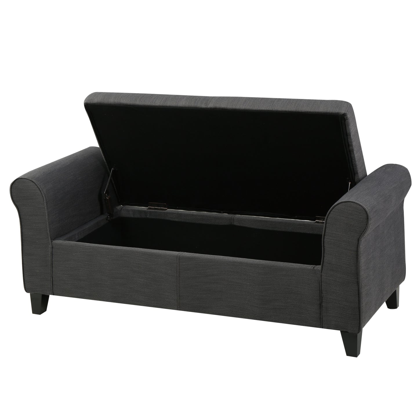 Dark gray upholstered bench with lifttop storage open