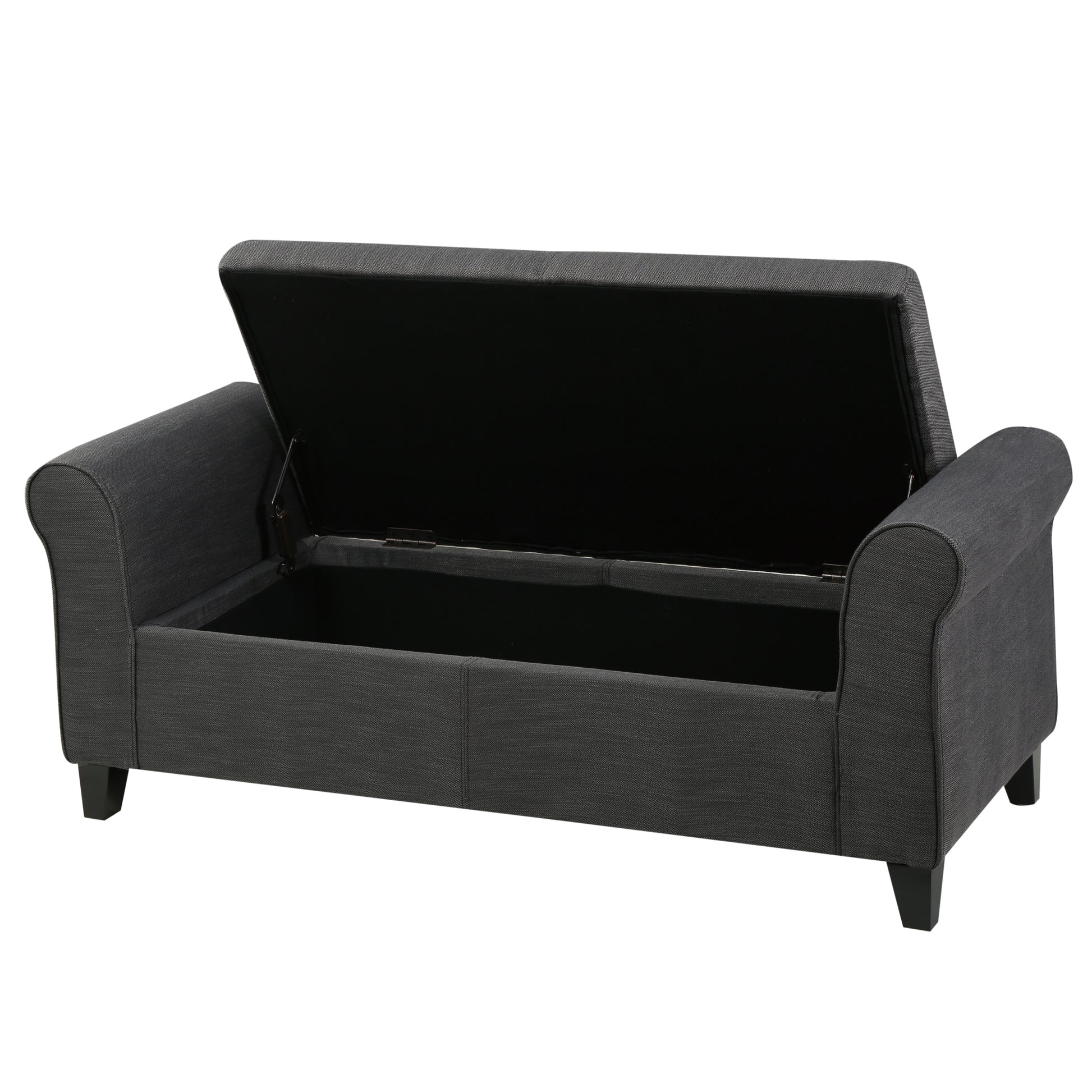 Dark gray upholstered bench with lifttop storage open