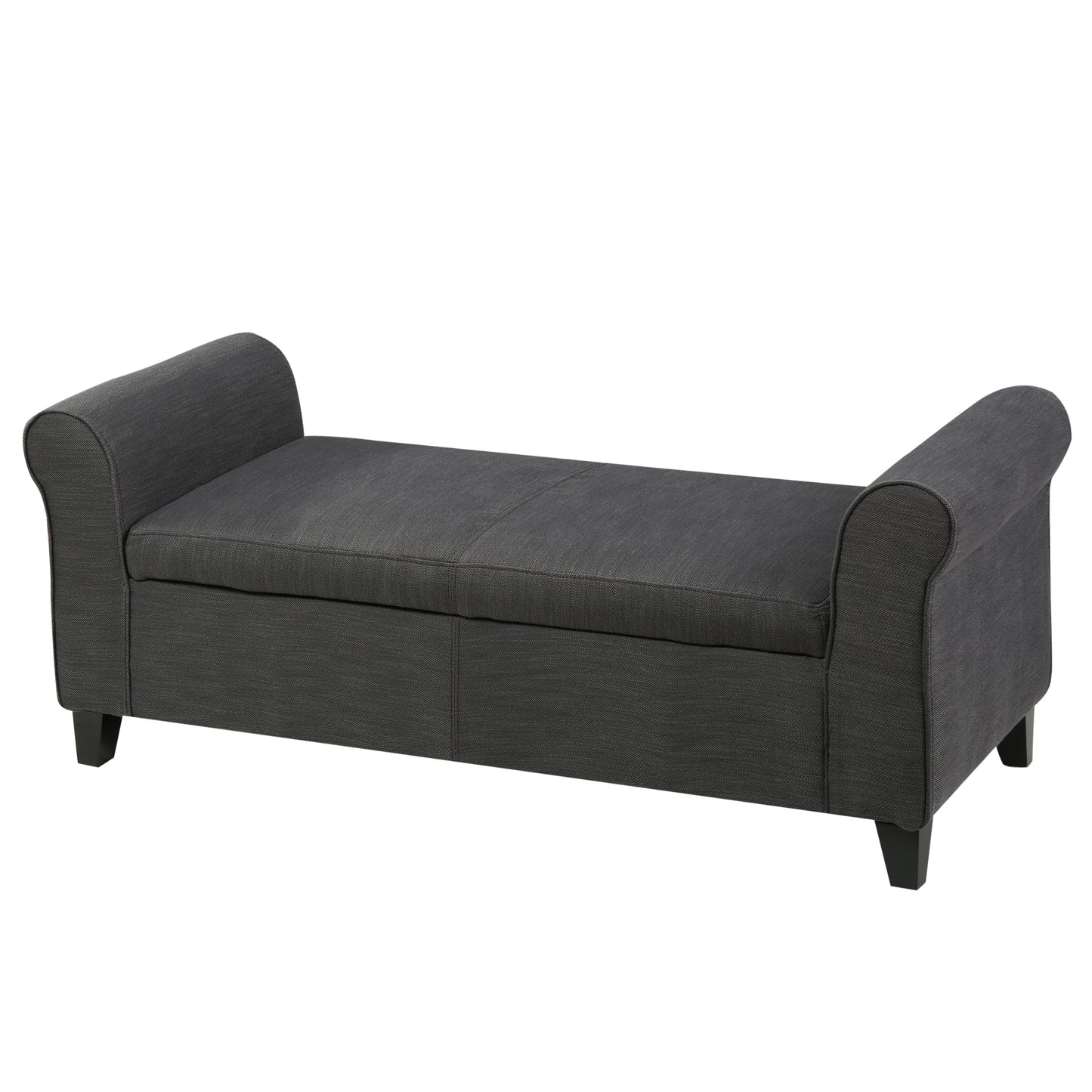 Dark grey upholstered storage bench with scrolled arms and black legs