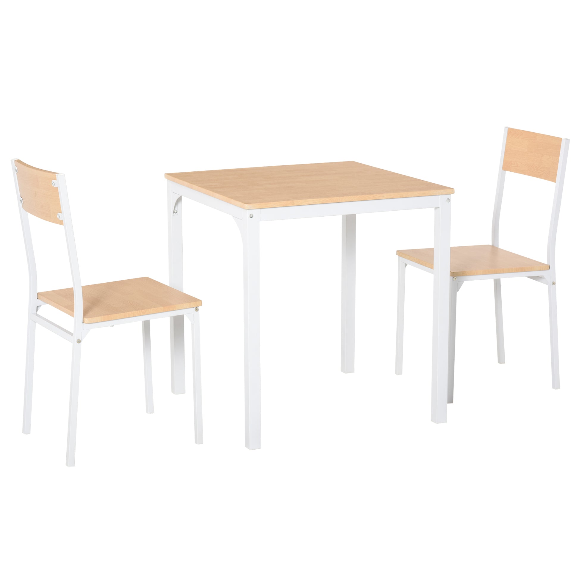 Square dining table set with two wooden chairs and white metal frames