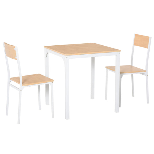 Square dining table set with two wooden chairs and white metal frames