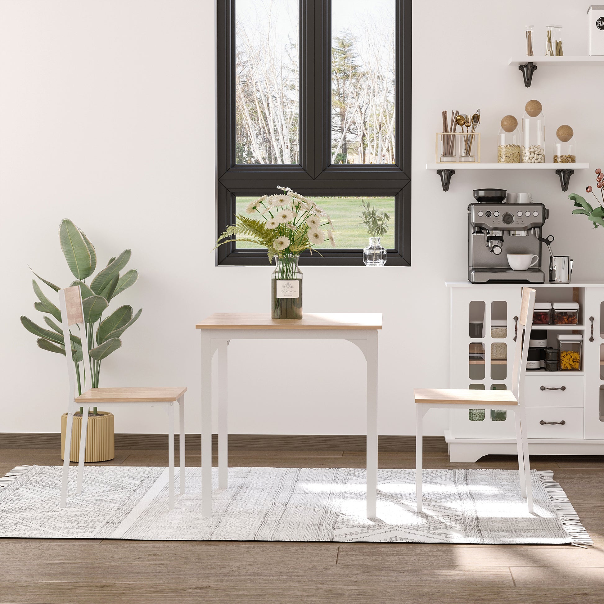 White and wood dining table set for two with modern chairs