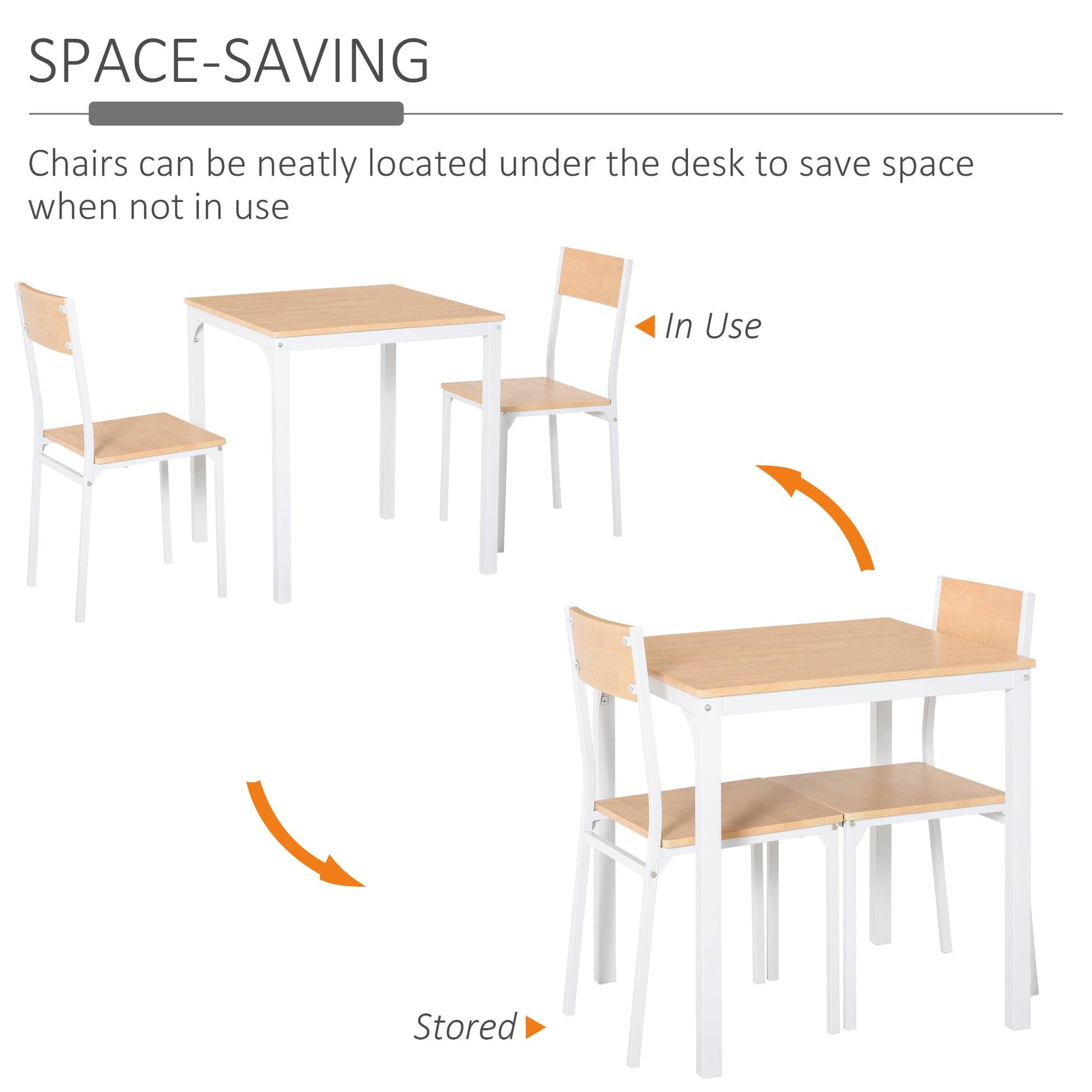 Compact dining set with light wood tabletop and white metal frame