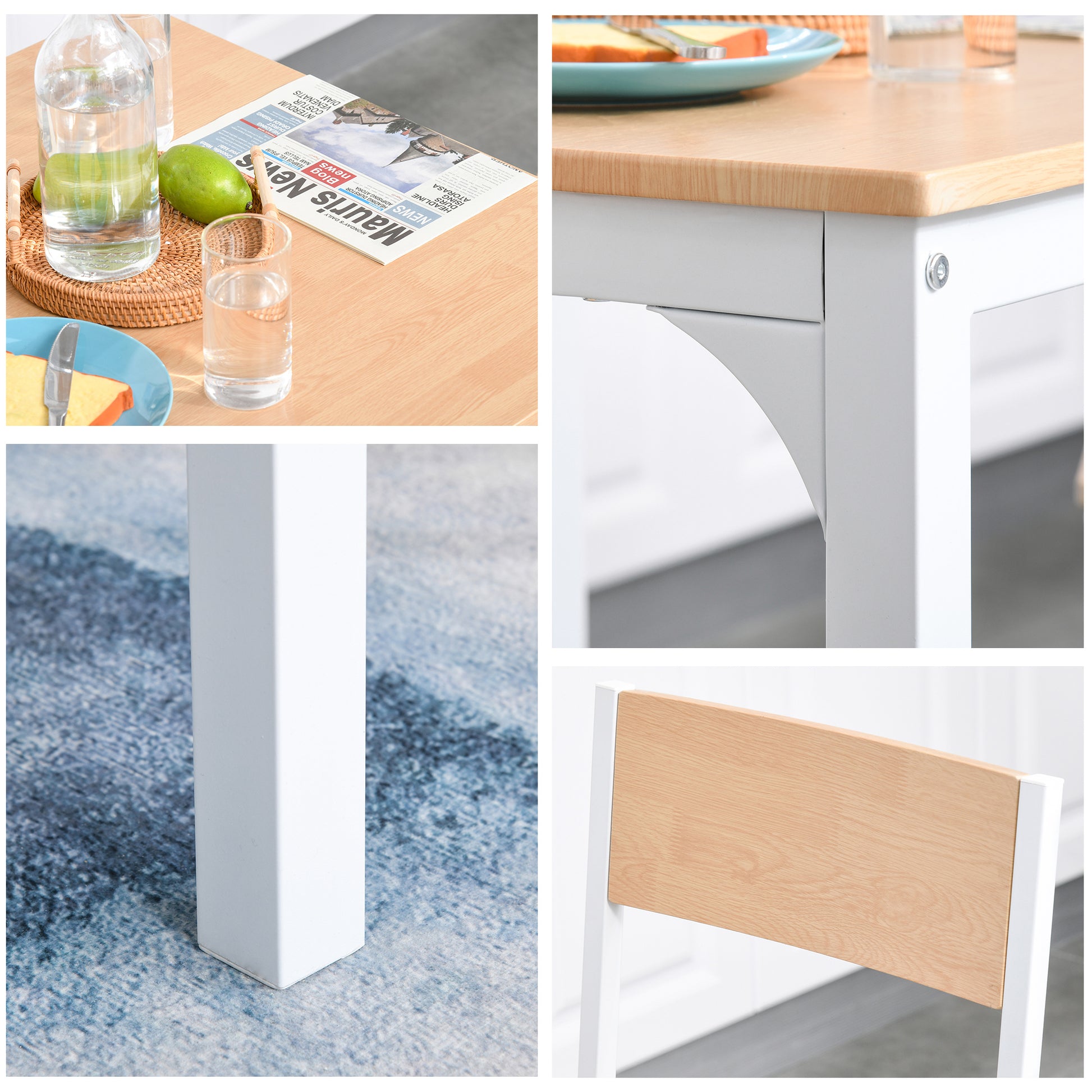 Closeup of white dining chair leg on textured blue rug