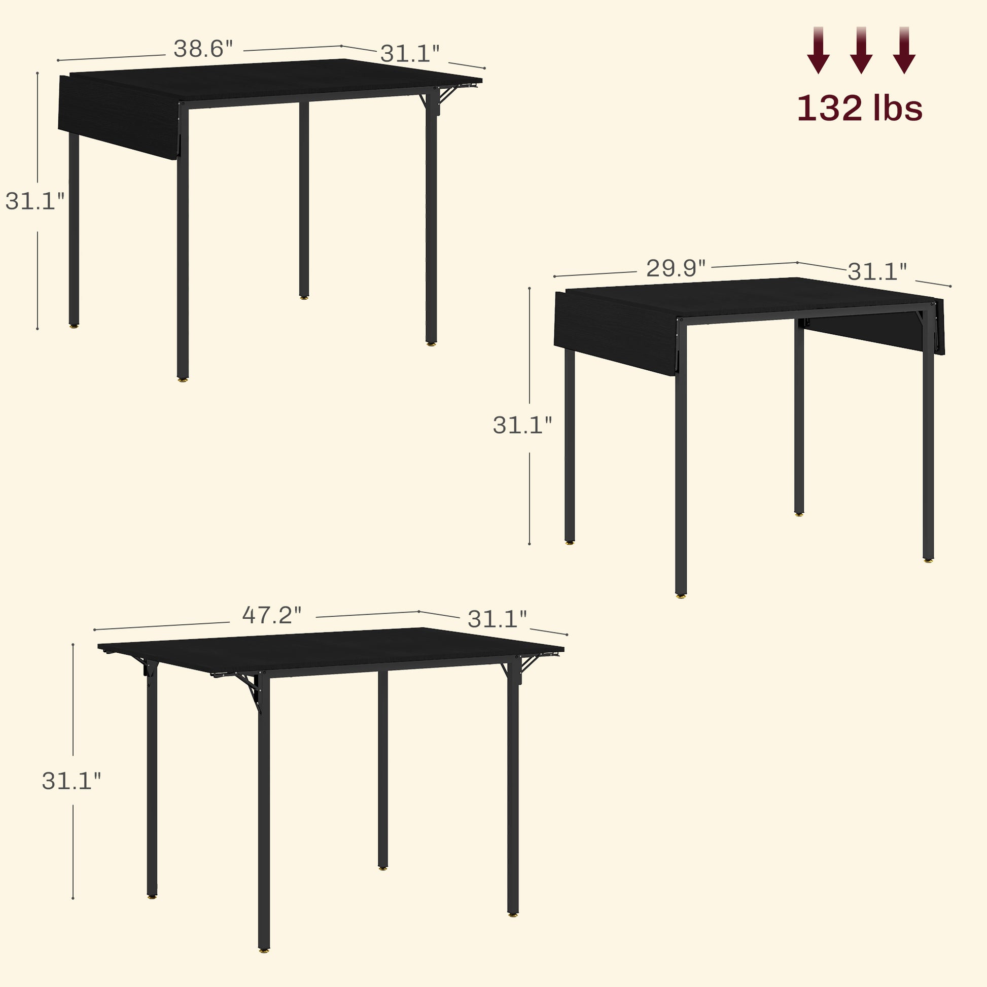 Black drop leaf dining table with metal legs