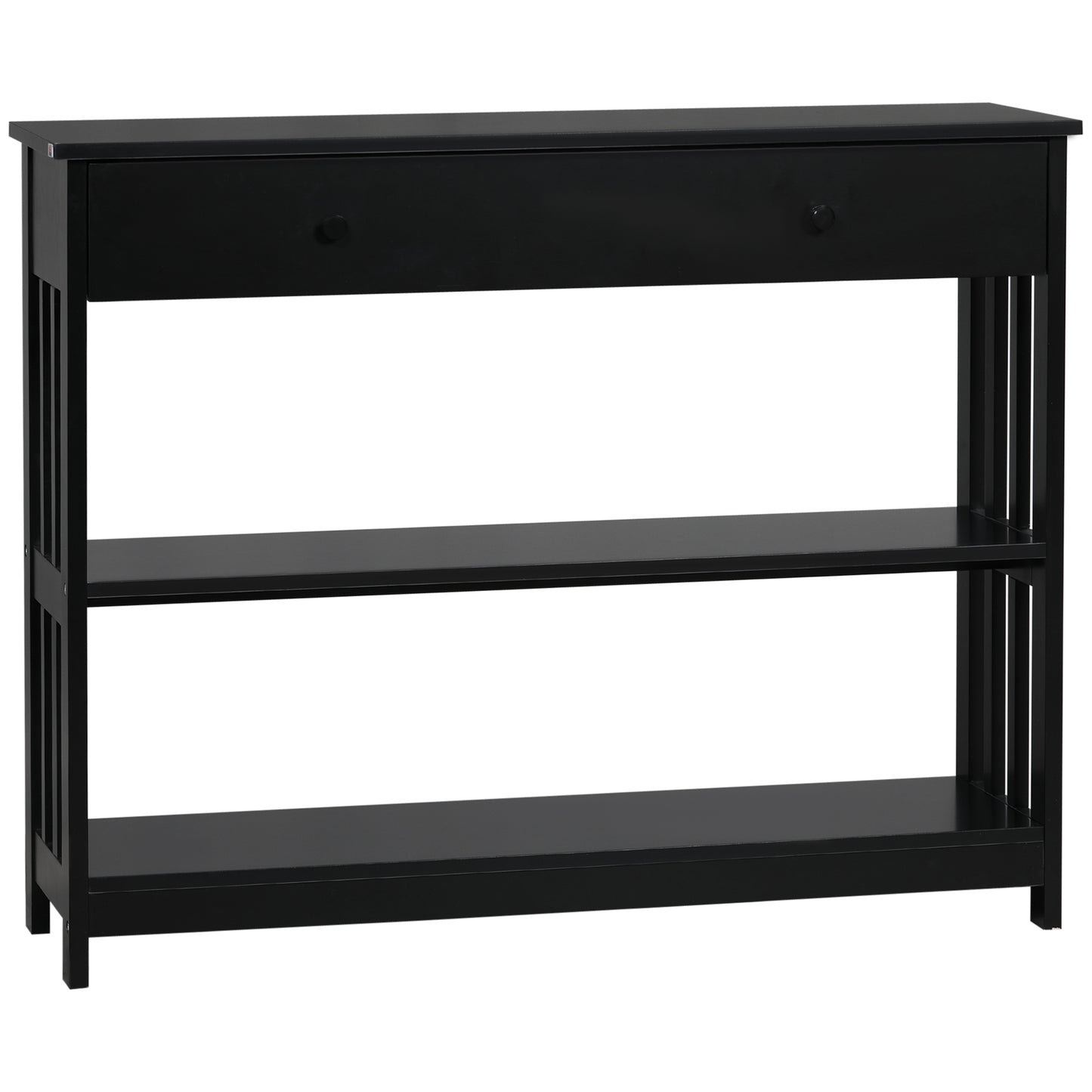 Black wooden console table with one drawer and two open shelves