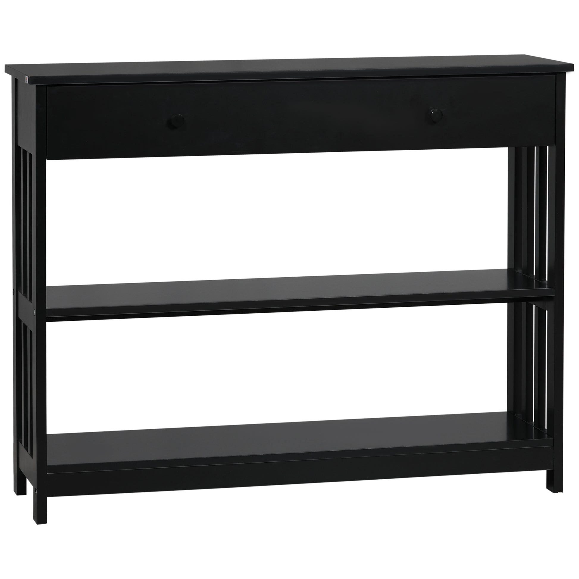 Black wooden console table with one drawer and two open shelves