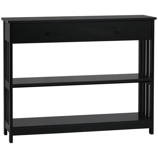 Black wooden console table with one drawer and two open shelves