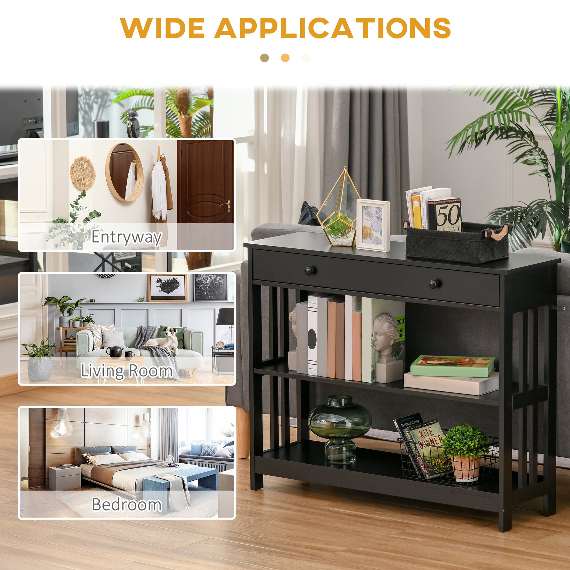 Black entryway console table with drawer and shelves