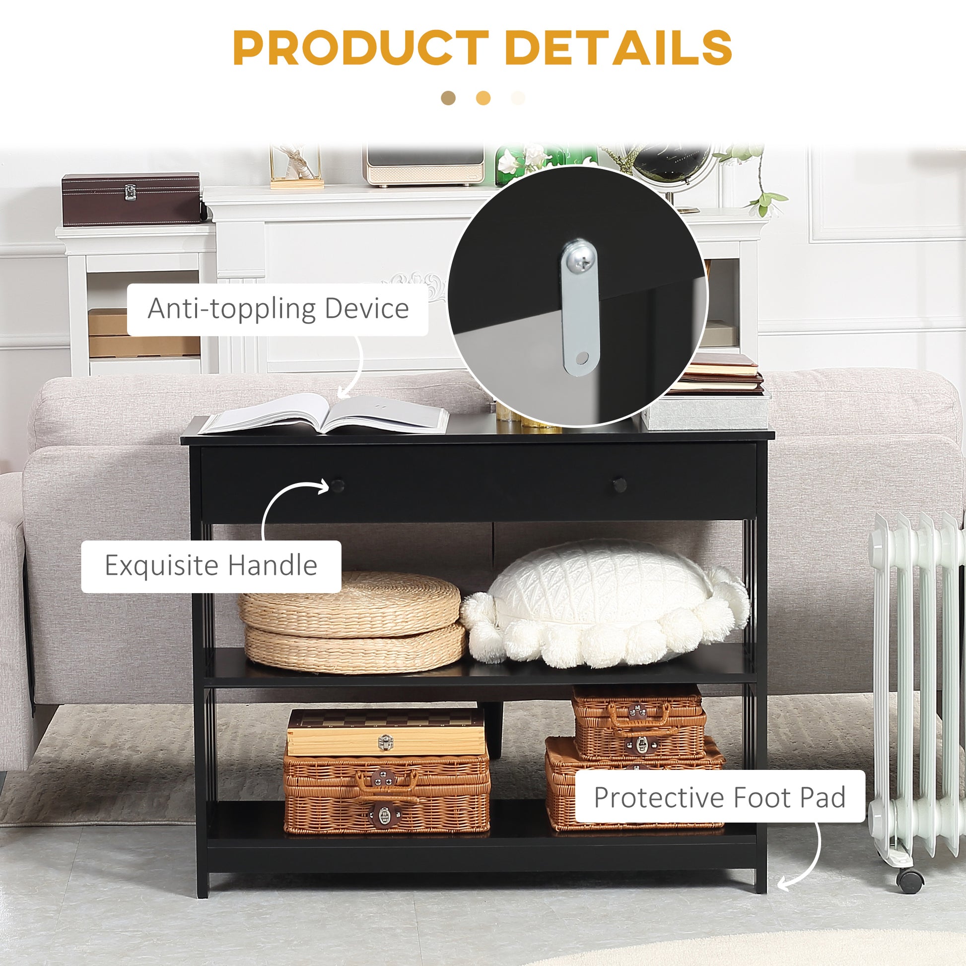 Black console table with drawer and open shelves featuring wicker baskets