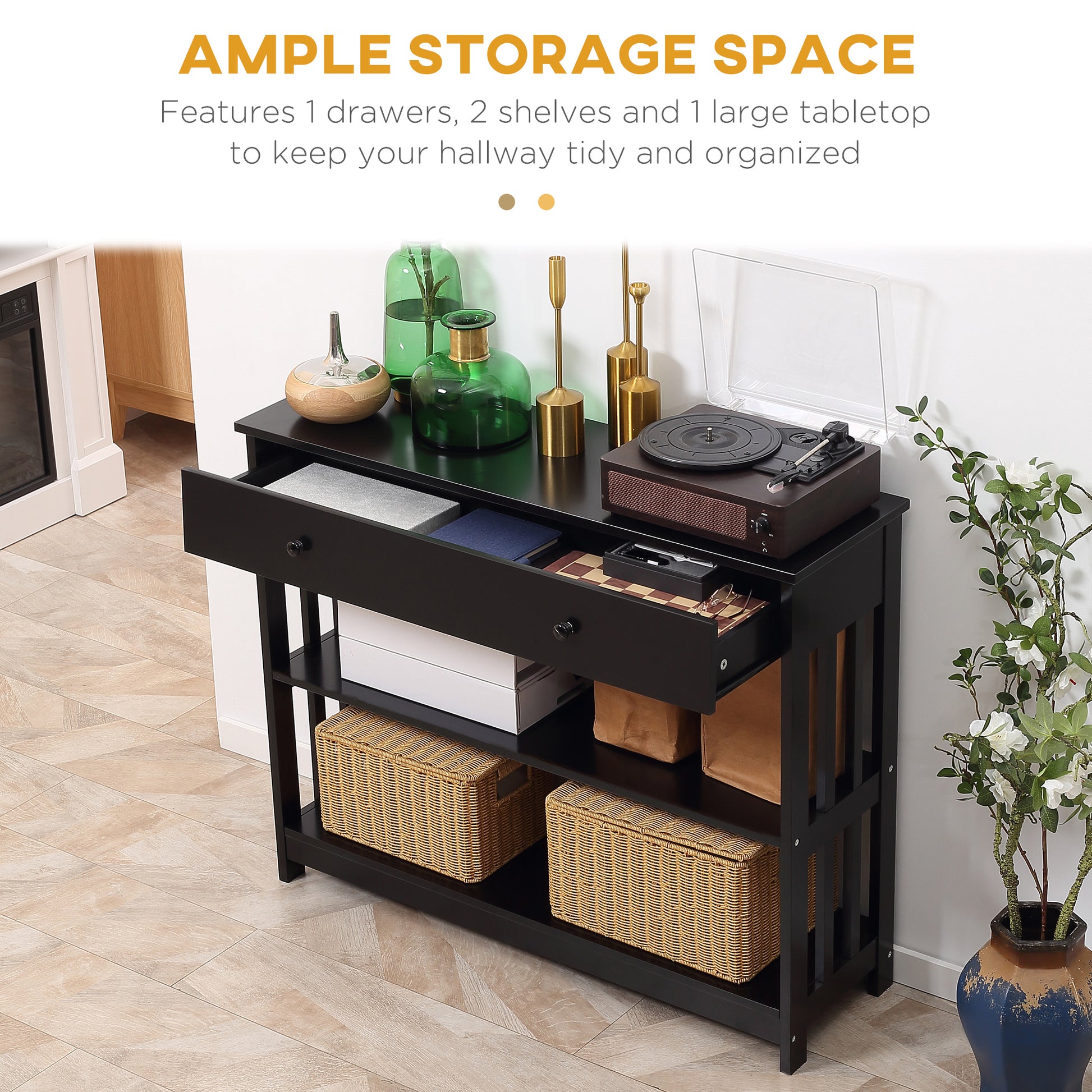 Black wooden console table with open drawer revealing organizational items