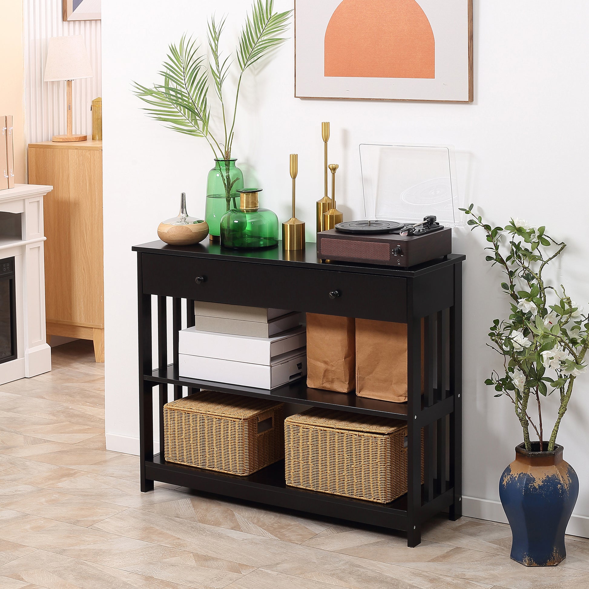 Black wooden console table with two drawers and open shelves