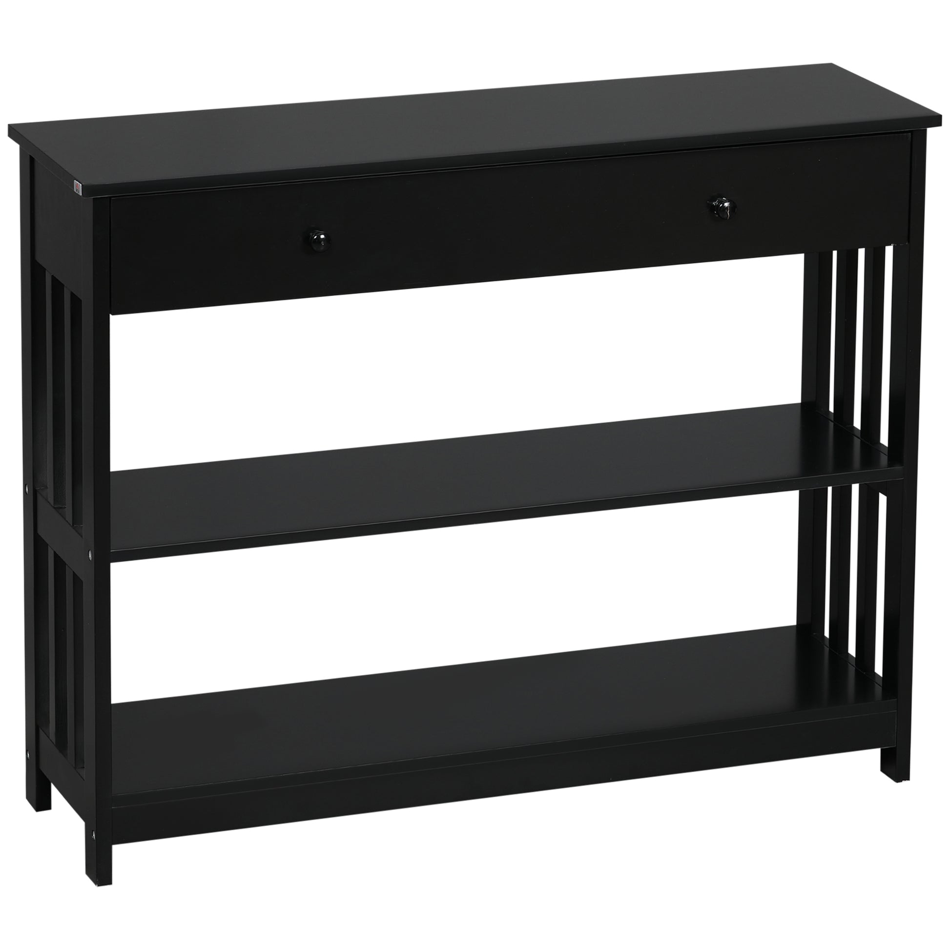 Black wooden console table with one drawer and two shelves