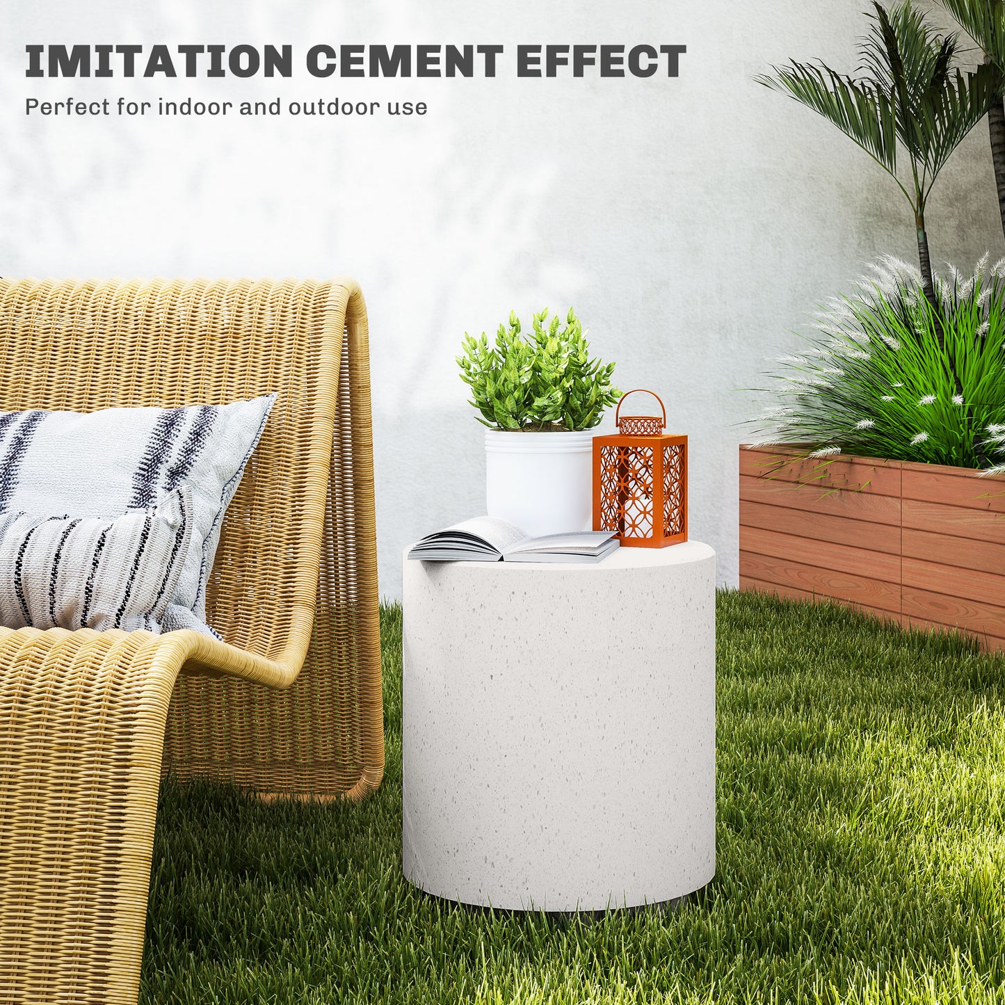 Lightweight cylindrical end table with imitation cement finish
