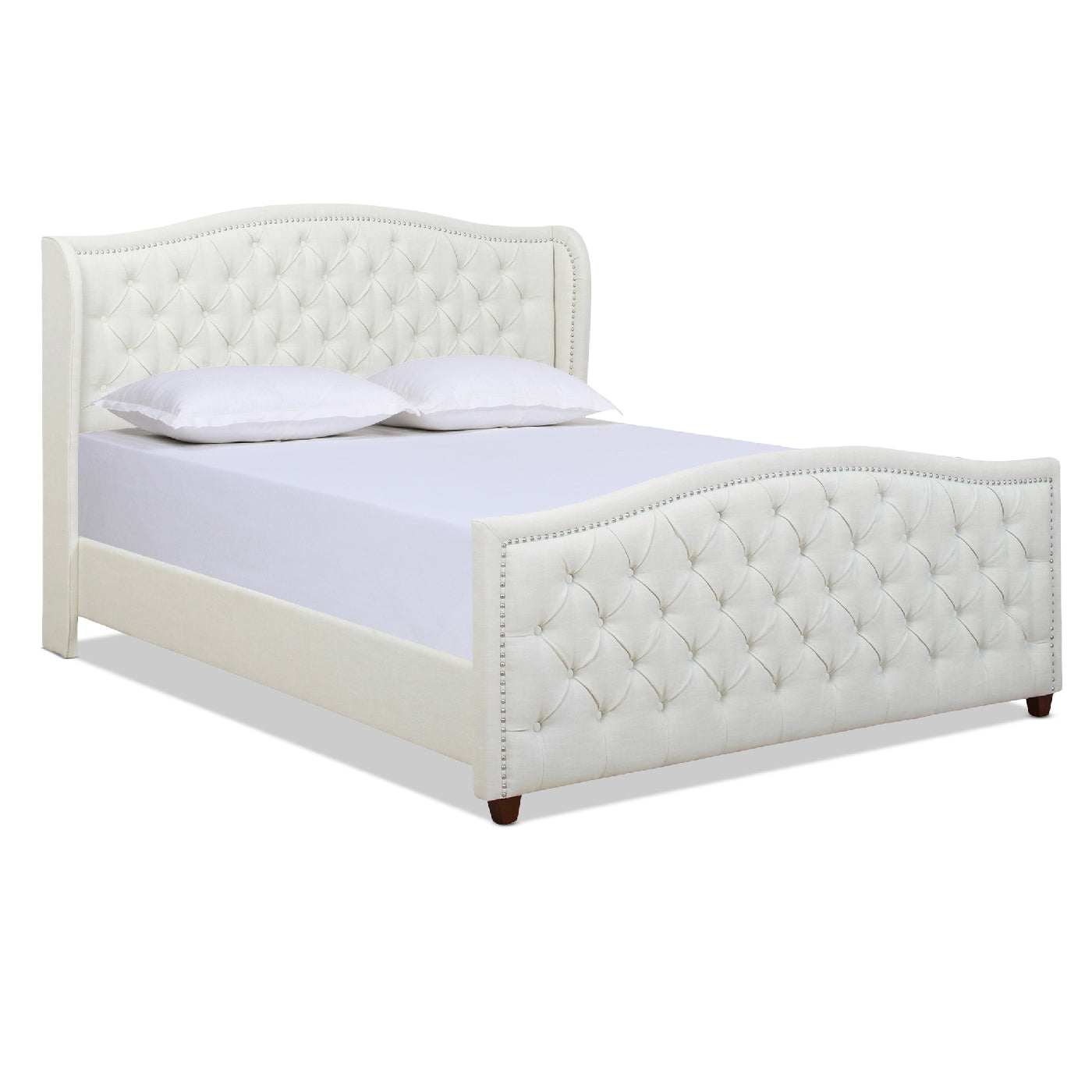 Tufted cream linen bed frame with nailhead trim