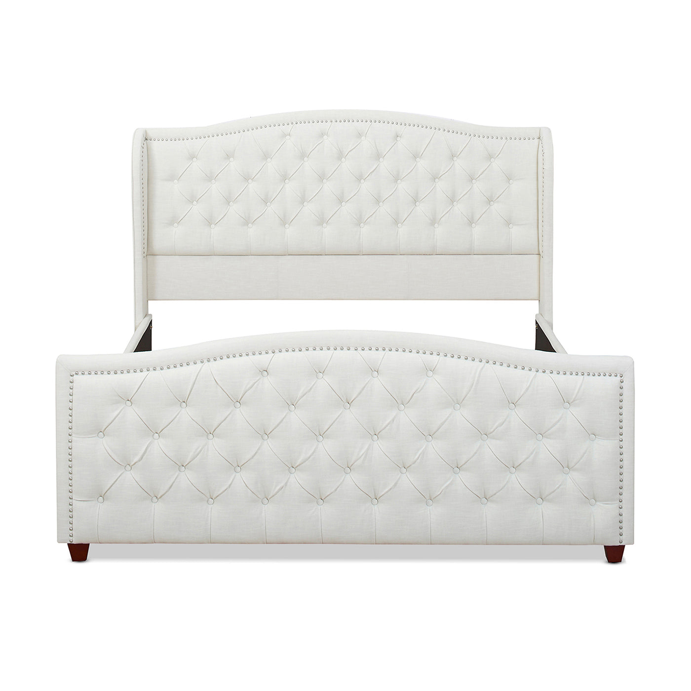 White tufted upholstered king bed frame with nailhead trim