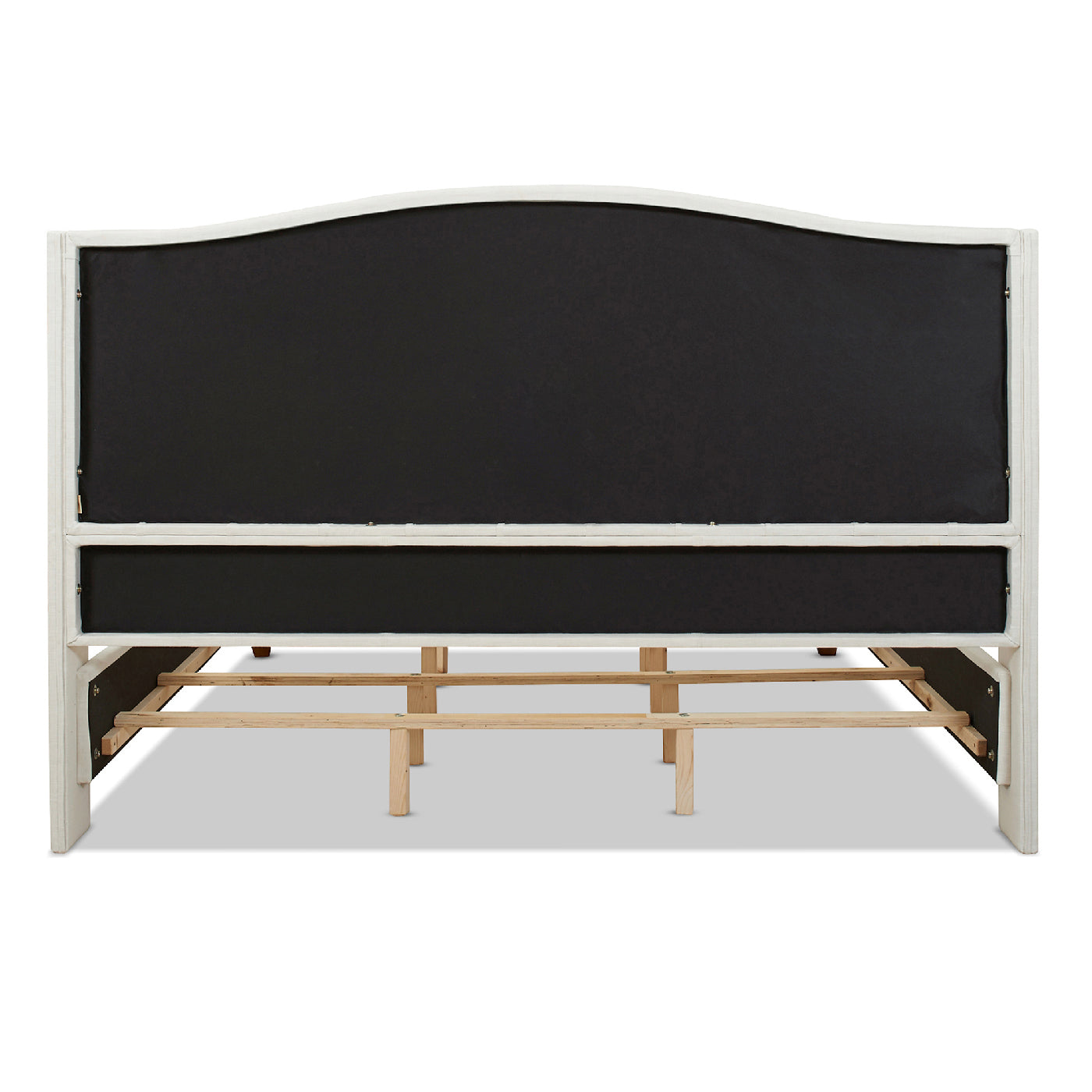 White arched upholstered headboard with black fabric backing and wooden frame