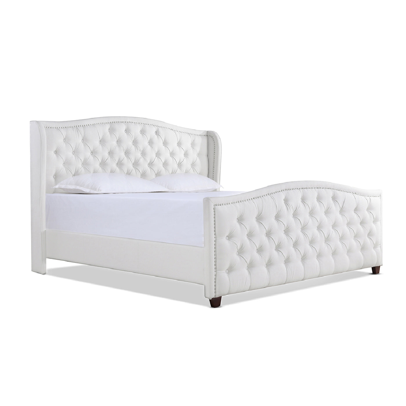 White upholstered tufted king bed frame with crystal accents and wingback headboard