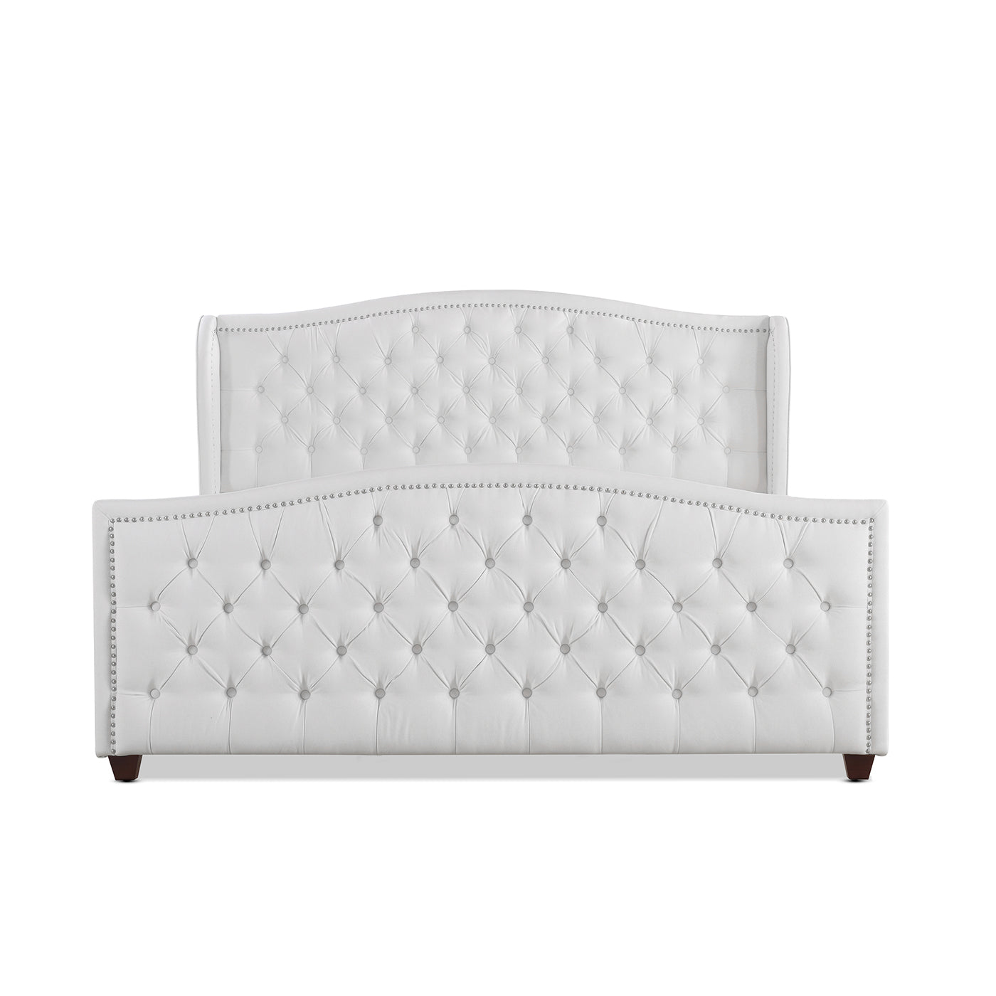 White tufted leather bed frame with nailhead trim