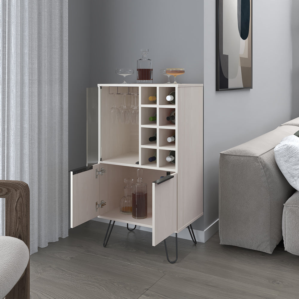 Modern light wood wine cabinet with glass storage and bottle racks