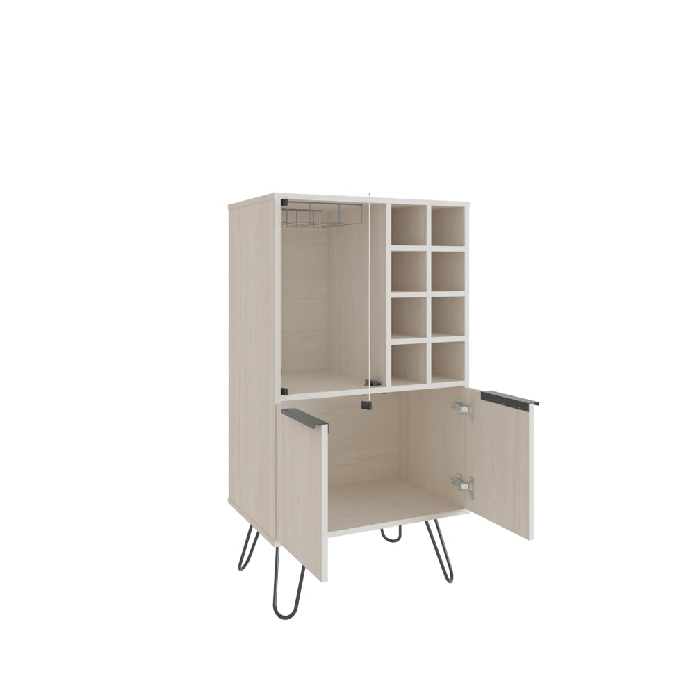 Light wood bar cabinet with wine rack and hanging glass holder