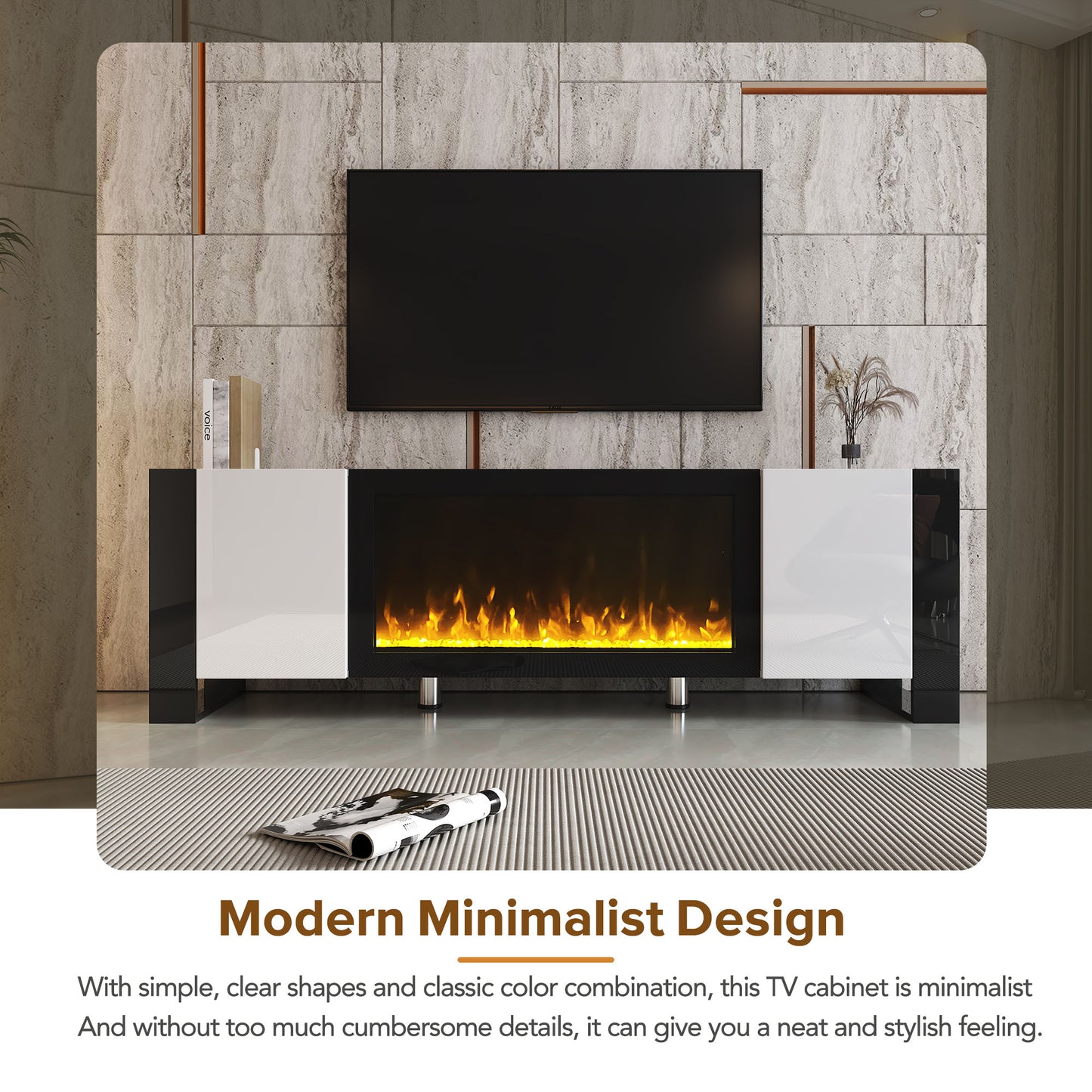 Black and white media console with electric fireplace