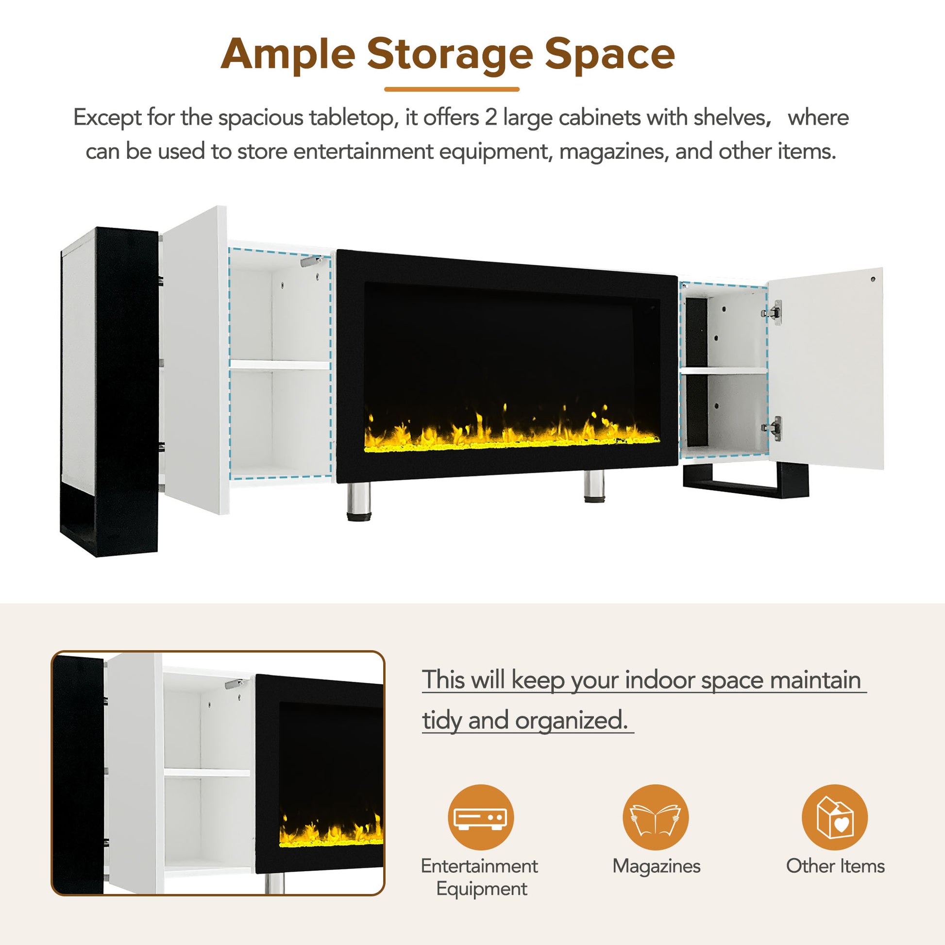 Black and white electric fireplace with open storage cabinets