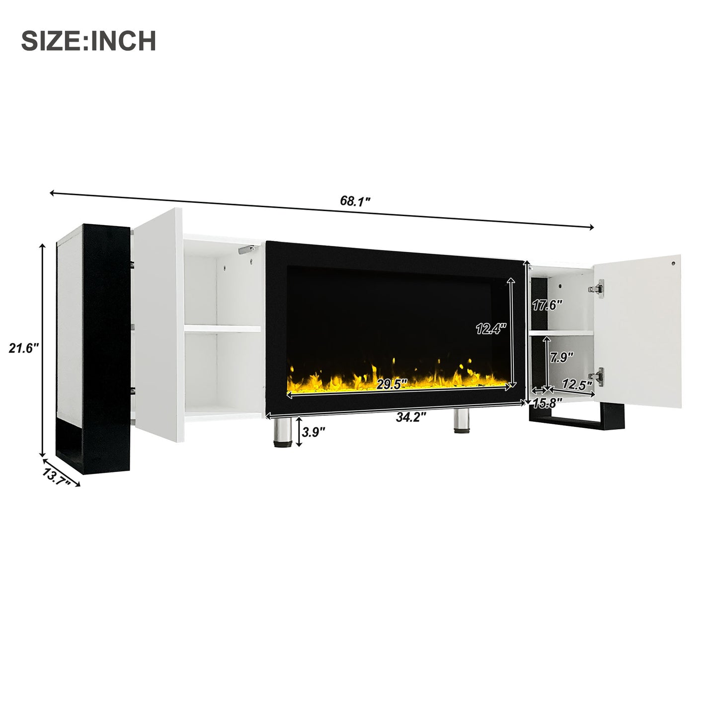White and black media console with electric fireplace