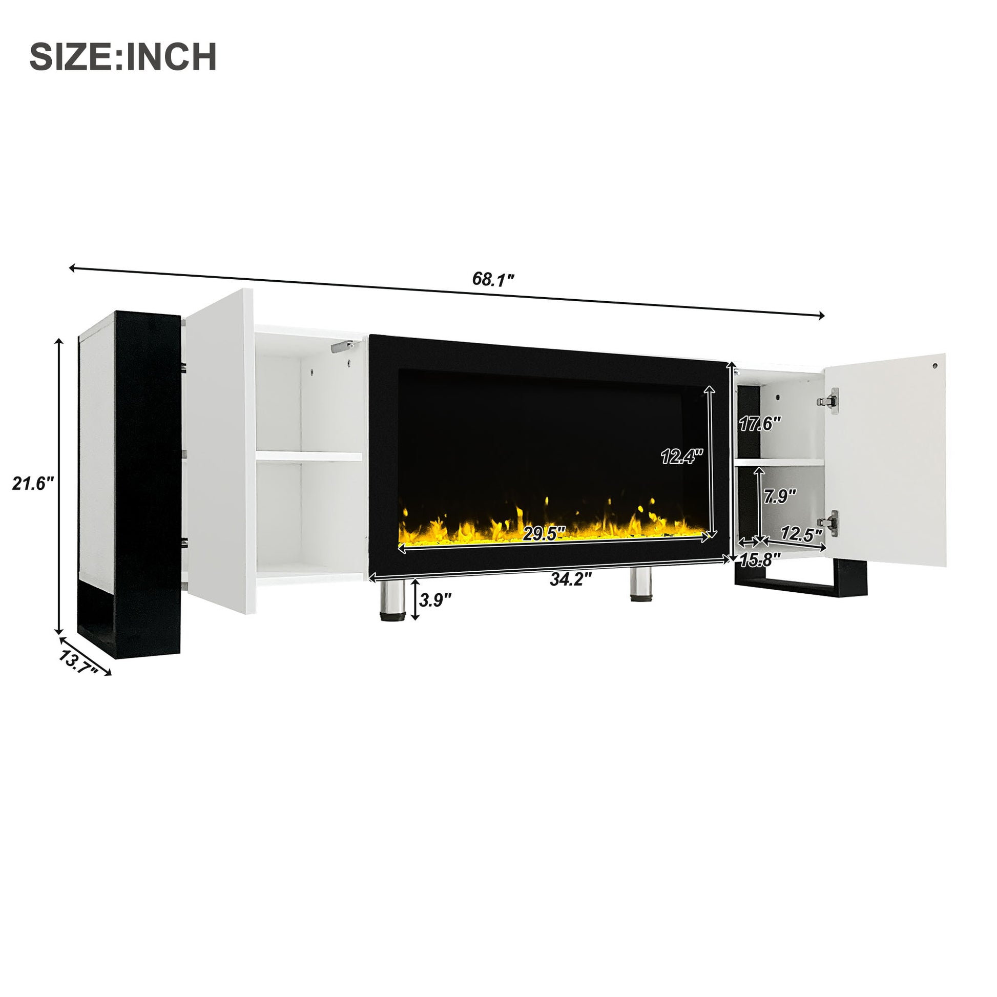 White and black media console with electric fireplace