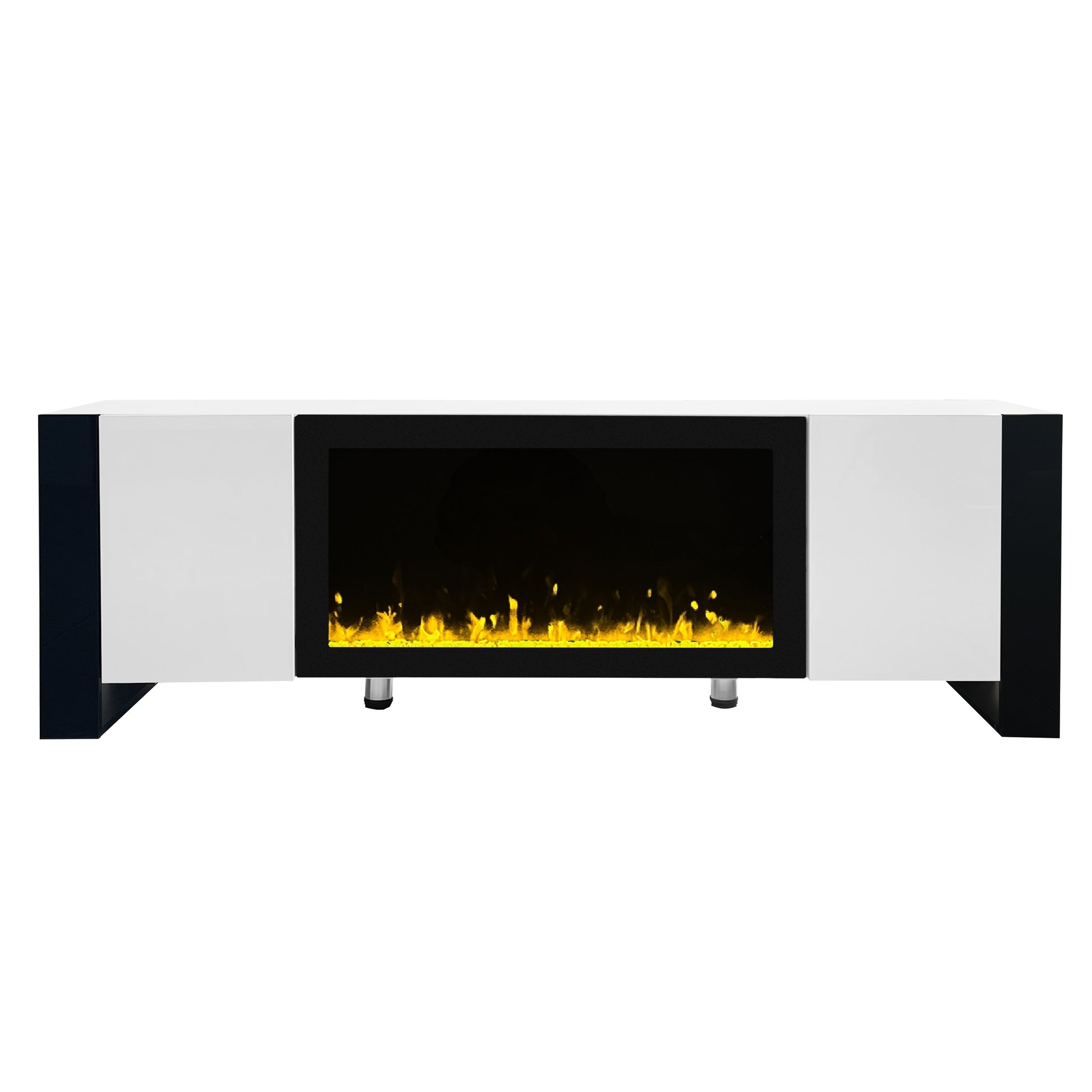 Modern white and black media console with electric fireplace