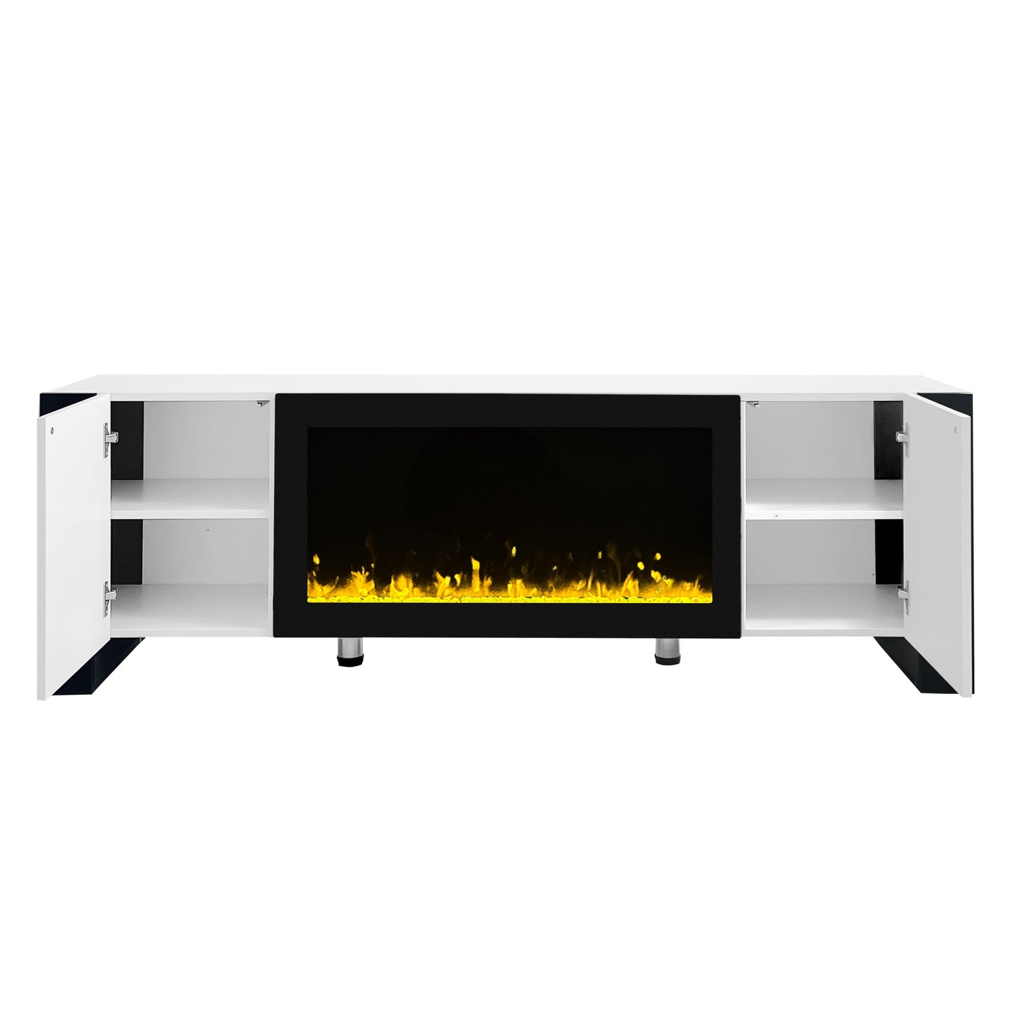 White media console with builtin electric fireplace and open shelving