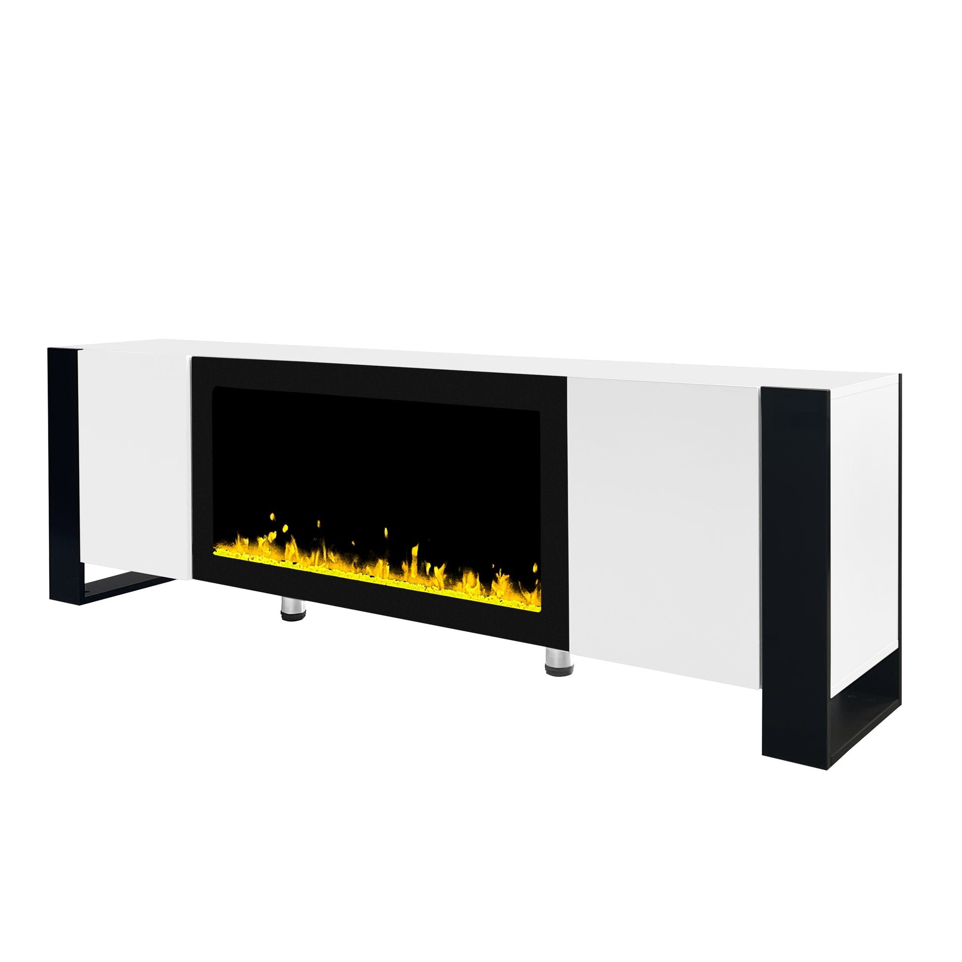Modern white and black electric fireplace TV stand with realistic flame