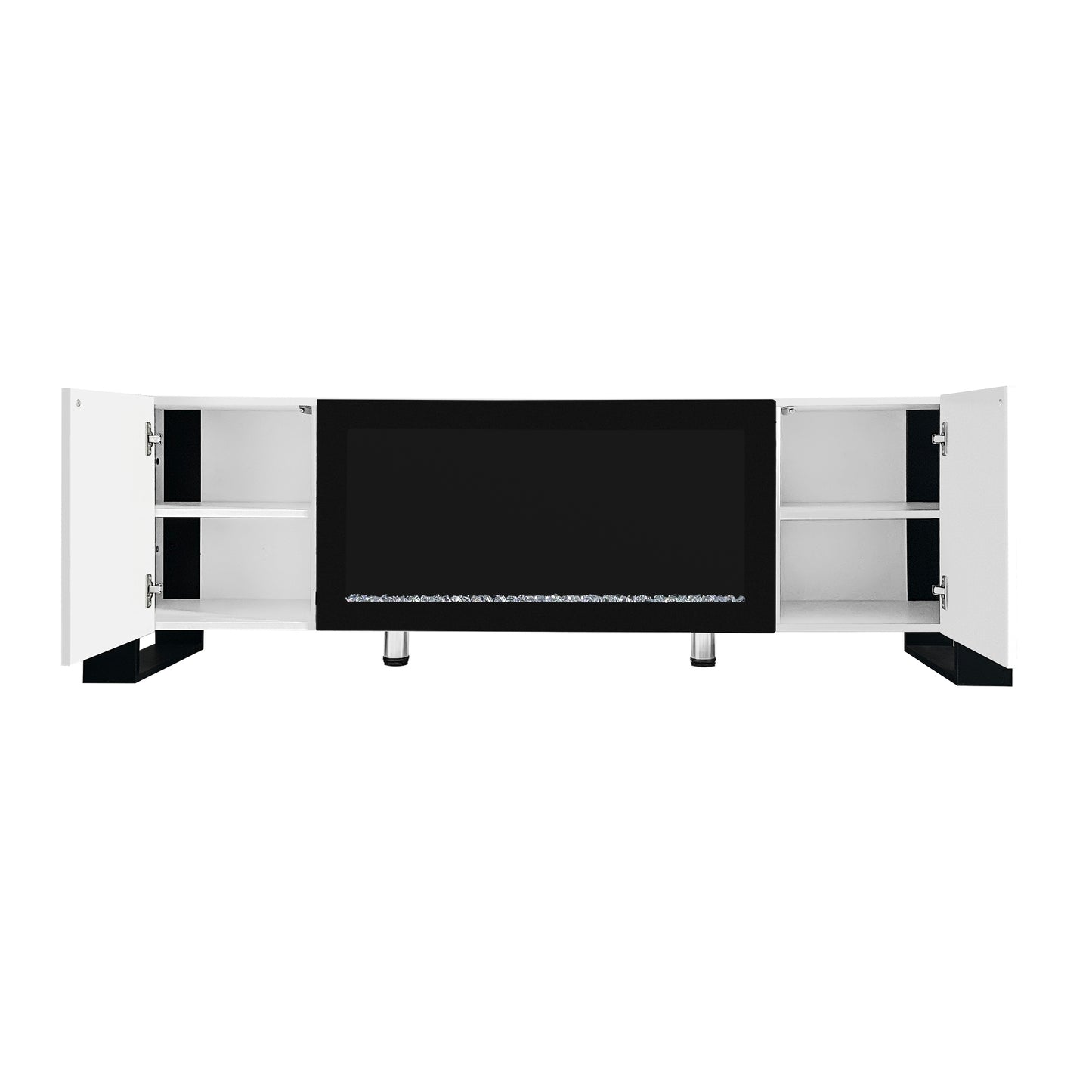 White media console with black accents and open shelving featuring a modern design