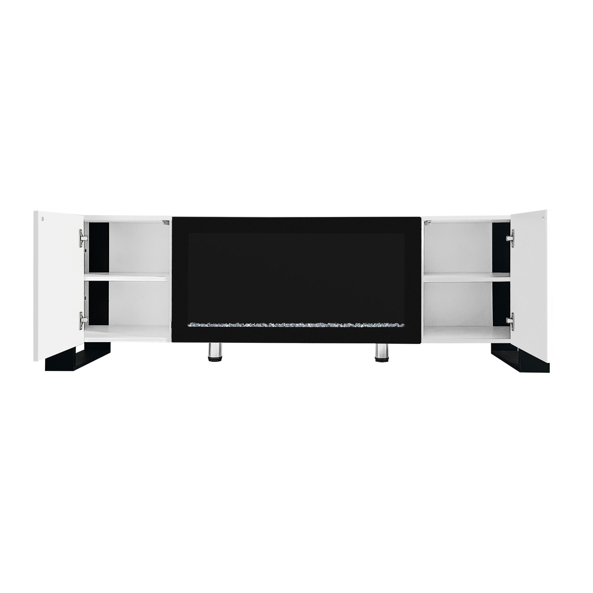 White media console with black accents and open shelving featuring a modern design